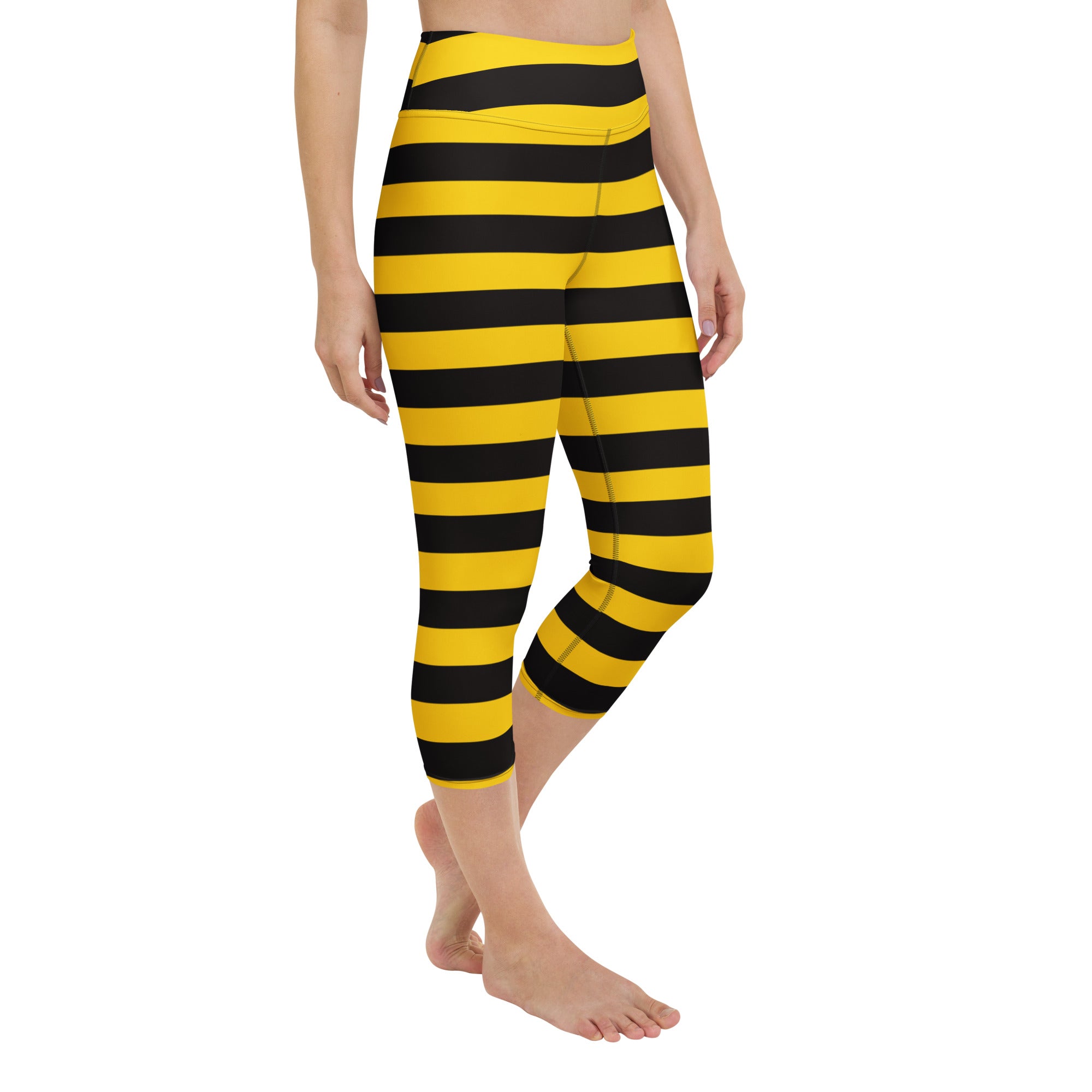 Women’s high-rise yellow and black bumblebee stripe buttery soft yoga capri leggings with moisture-wicking stretch
