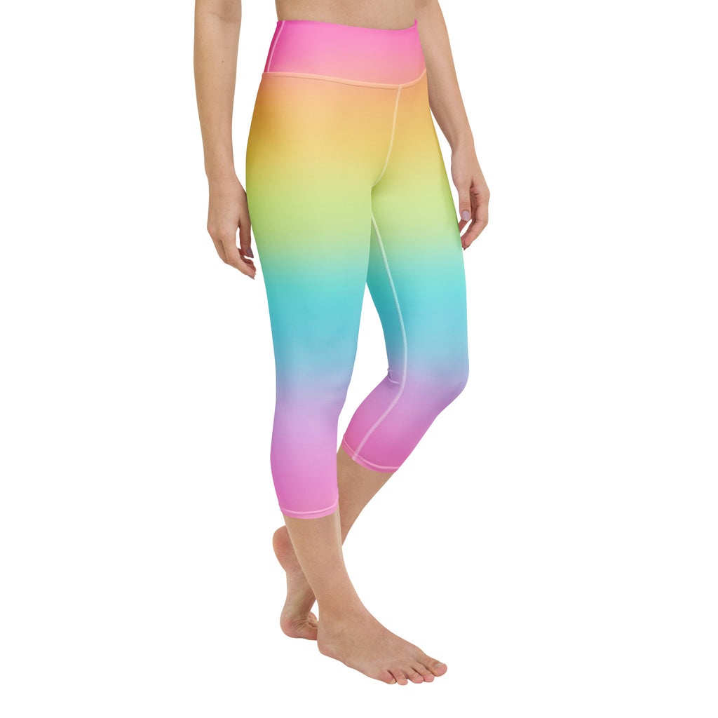 Women’s bright rainbow high-rise capri leggings made of buttery soft stretchy fabric for moisture-wicking activewear