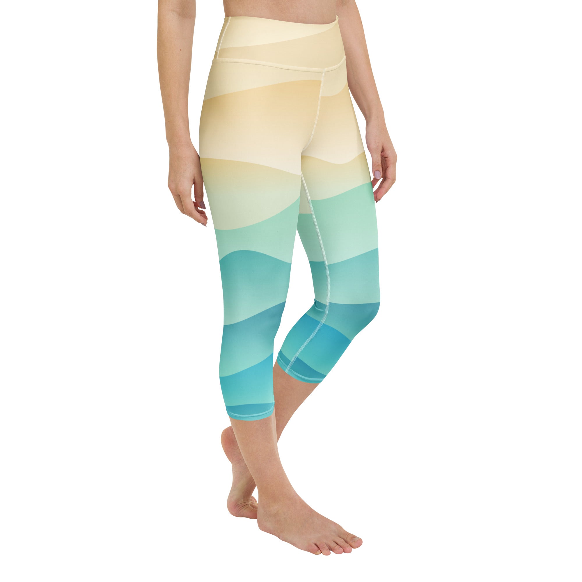 Women’s high-waist coastal gradient buttery soft yoga capri leggings in cream to teal with wavy stripes and moisture-wicking fabric