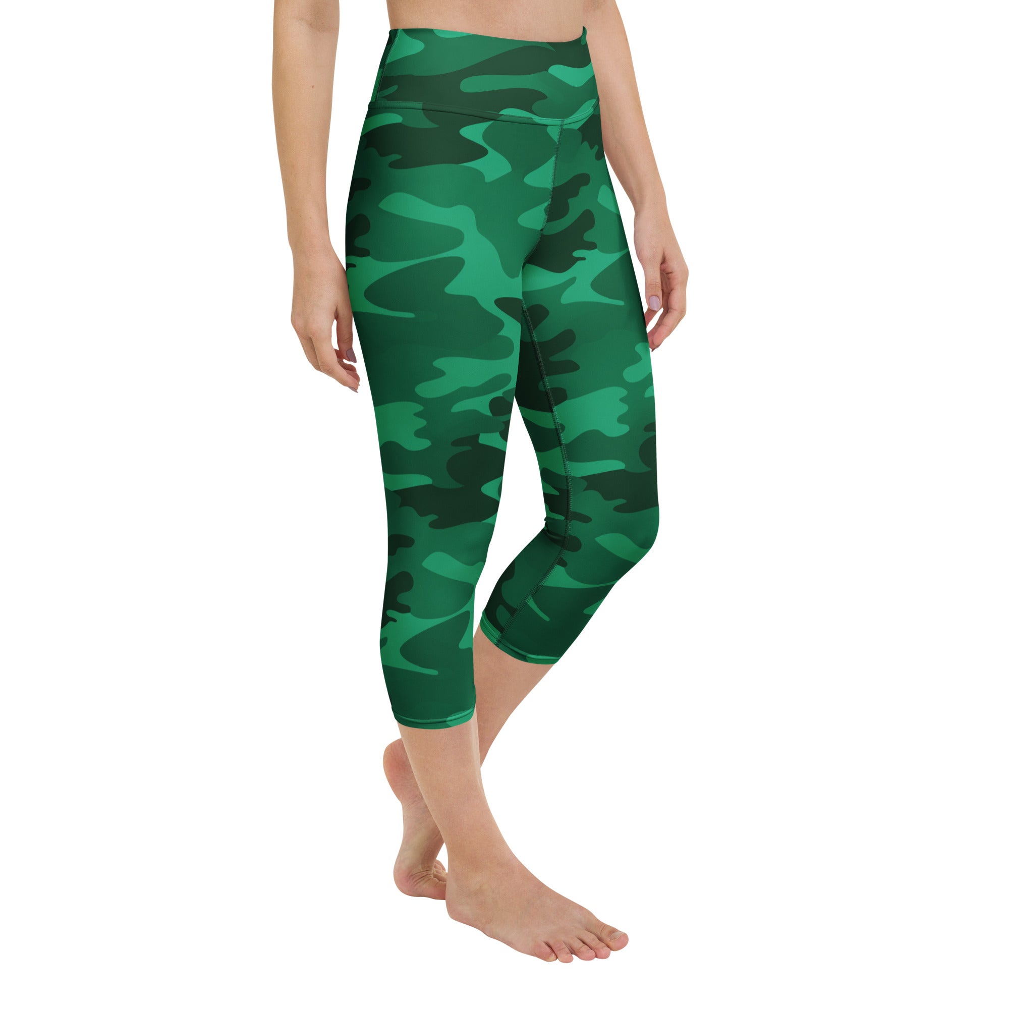 Women’s green camouflage buttery soft high-rise yoga capri leggings with moisture-wicking stretch fabric