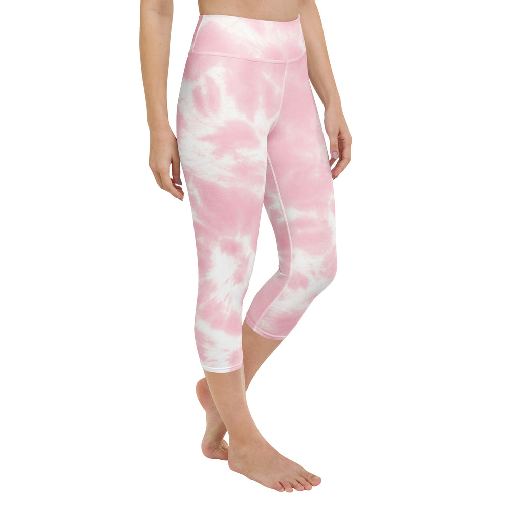 Women’s pink and white tie dye buttery soft high rise moisture wicking yoga capri leggings for activewear