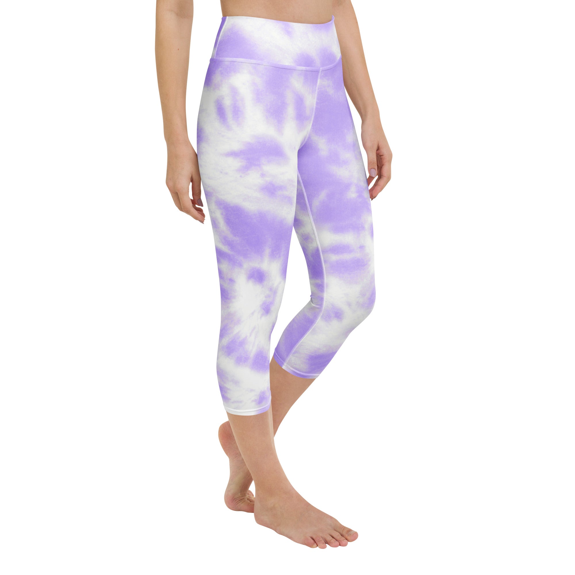 Women’s purple and white tie dye buttery soft high rise moisture wicking capri leggings for yoga and activewear