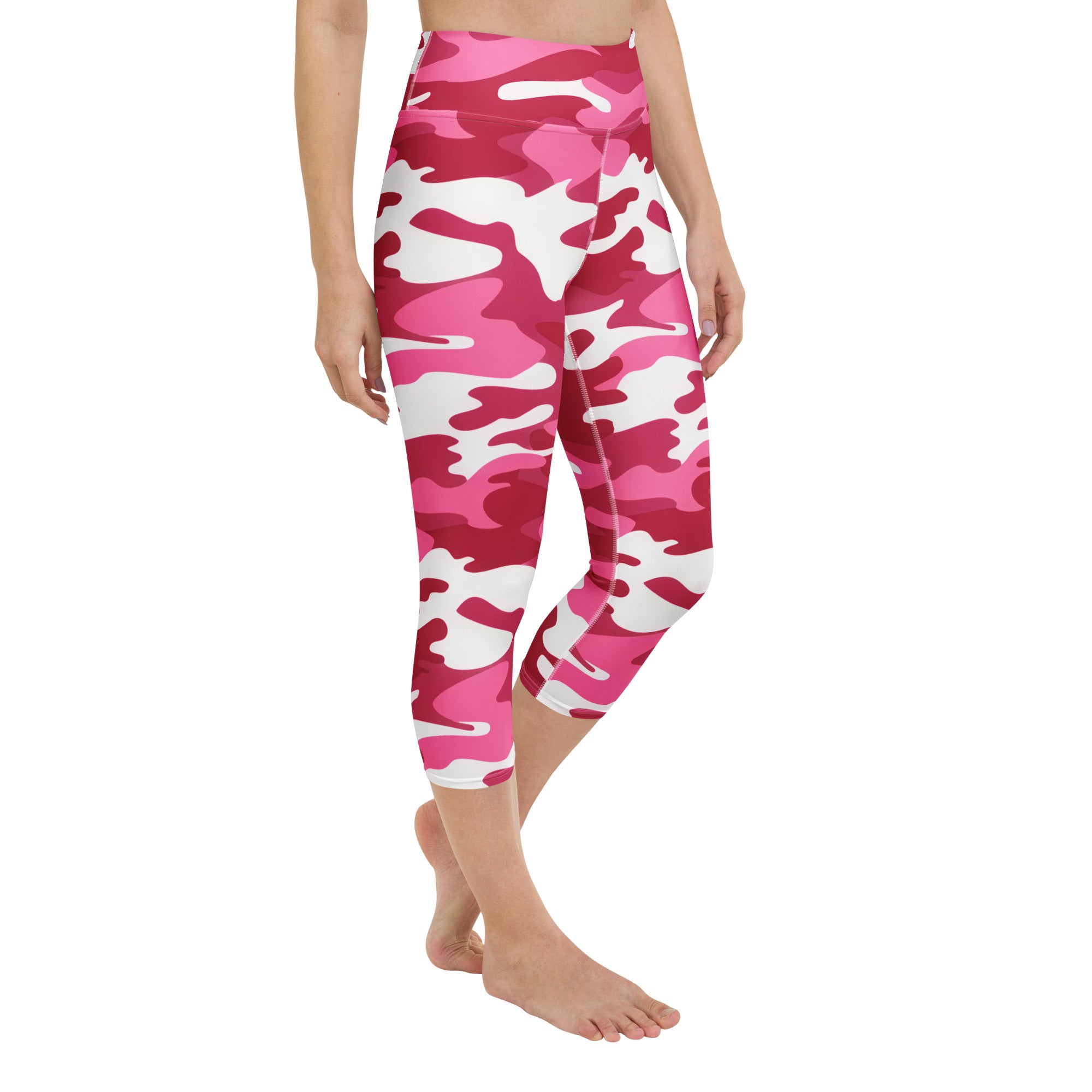Women’s high-rise pink and white camouflage buttery soft capri leggings moisture-wicking stretch activewear