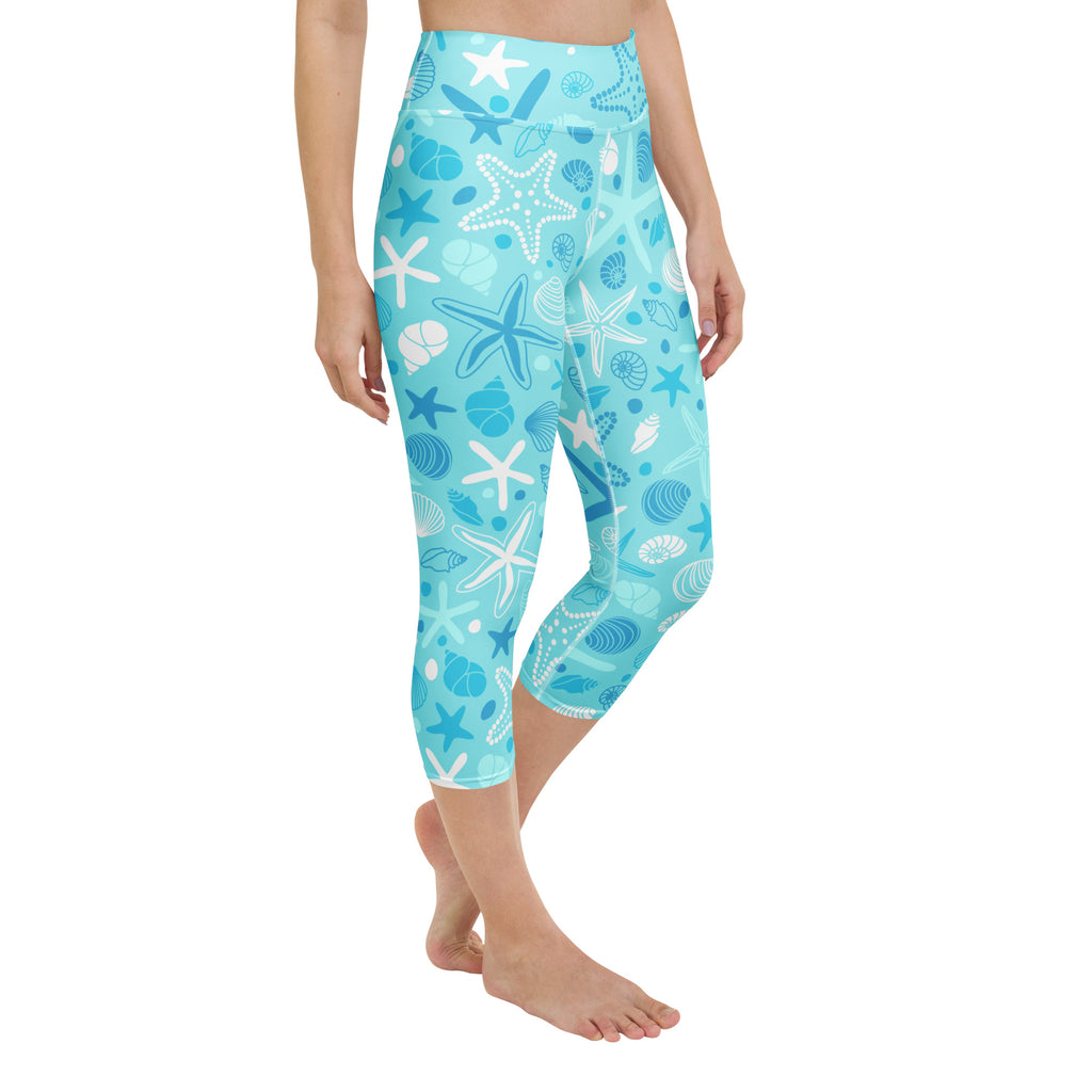 Women’s turquoise and white high-rise yoga capri leggings with starfish and shells pattern buttery soft stretch