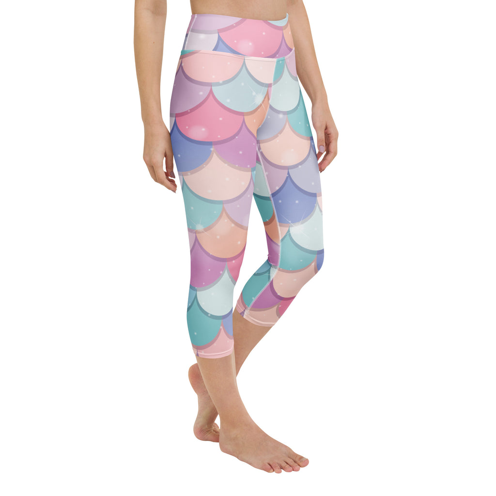 Women’s pastel rainbow mermaid-scale capri leggings high-rise buttery soft moisture-wicking activewear pants