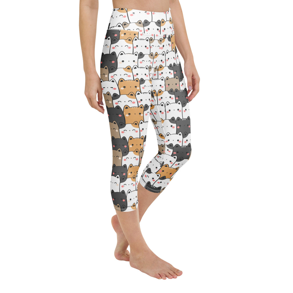 Women’s kawaii cat buttery soft white capri leggings with black white and tan cats and pink cheeks high-rise moisture-wicking