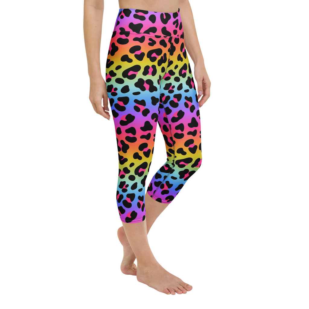 Women’s high-rise rainbow gradient leopard print buttery soft yoga capri leggings with moisture-wicking stretch