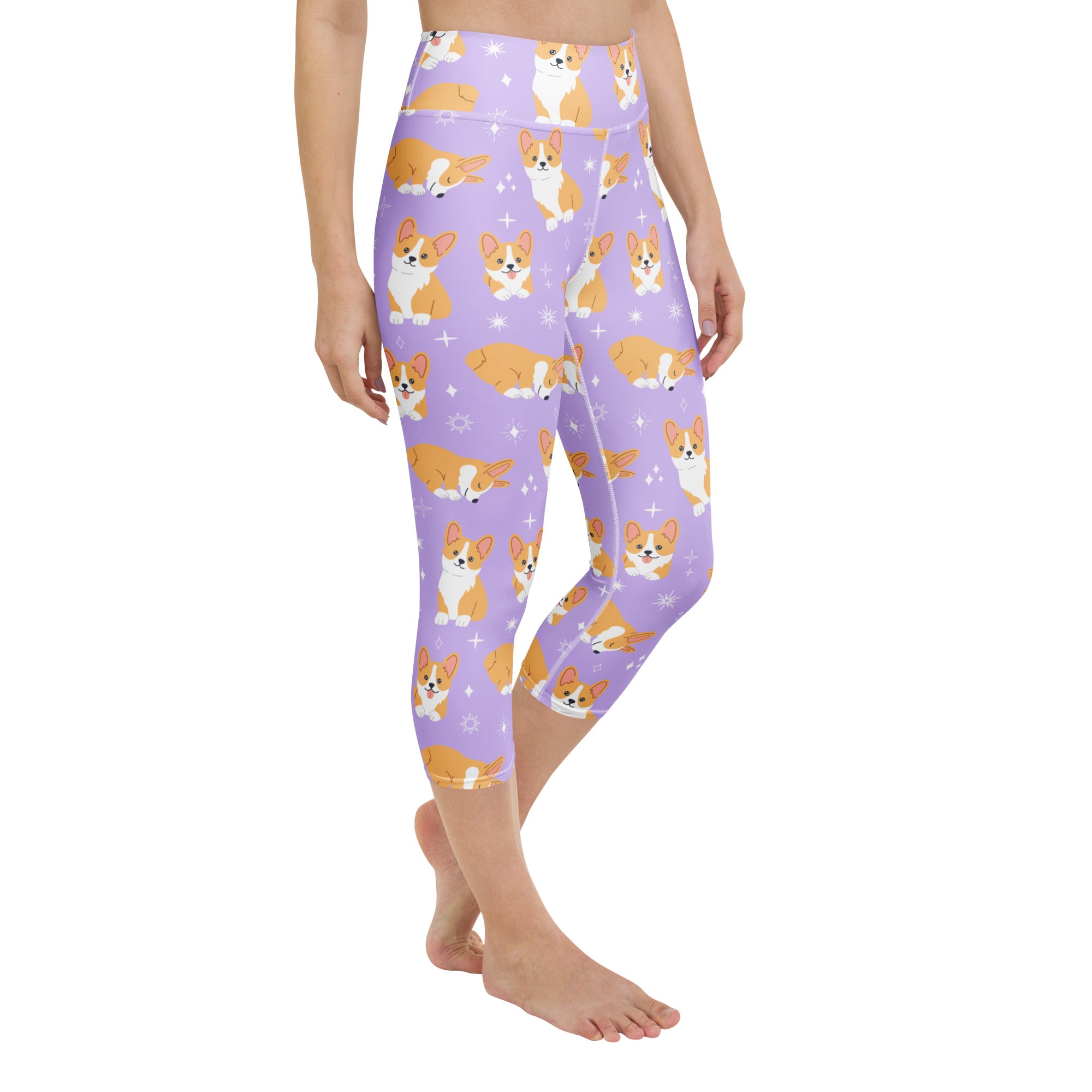 Women’s purple buttery soft high-rise yoga capri leggings with moisture-wicking fabric and orange white corgi pattern