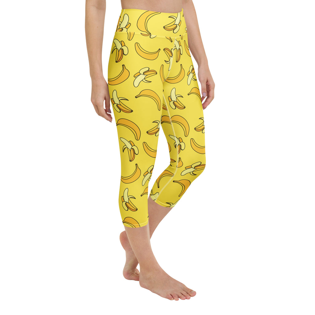 Women’s yellow banana buttery soft high-rise yoga capri leggings with playful cartoon banana pattern