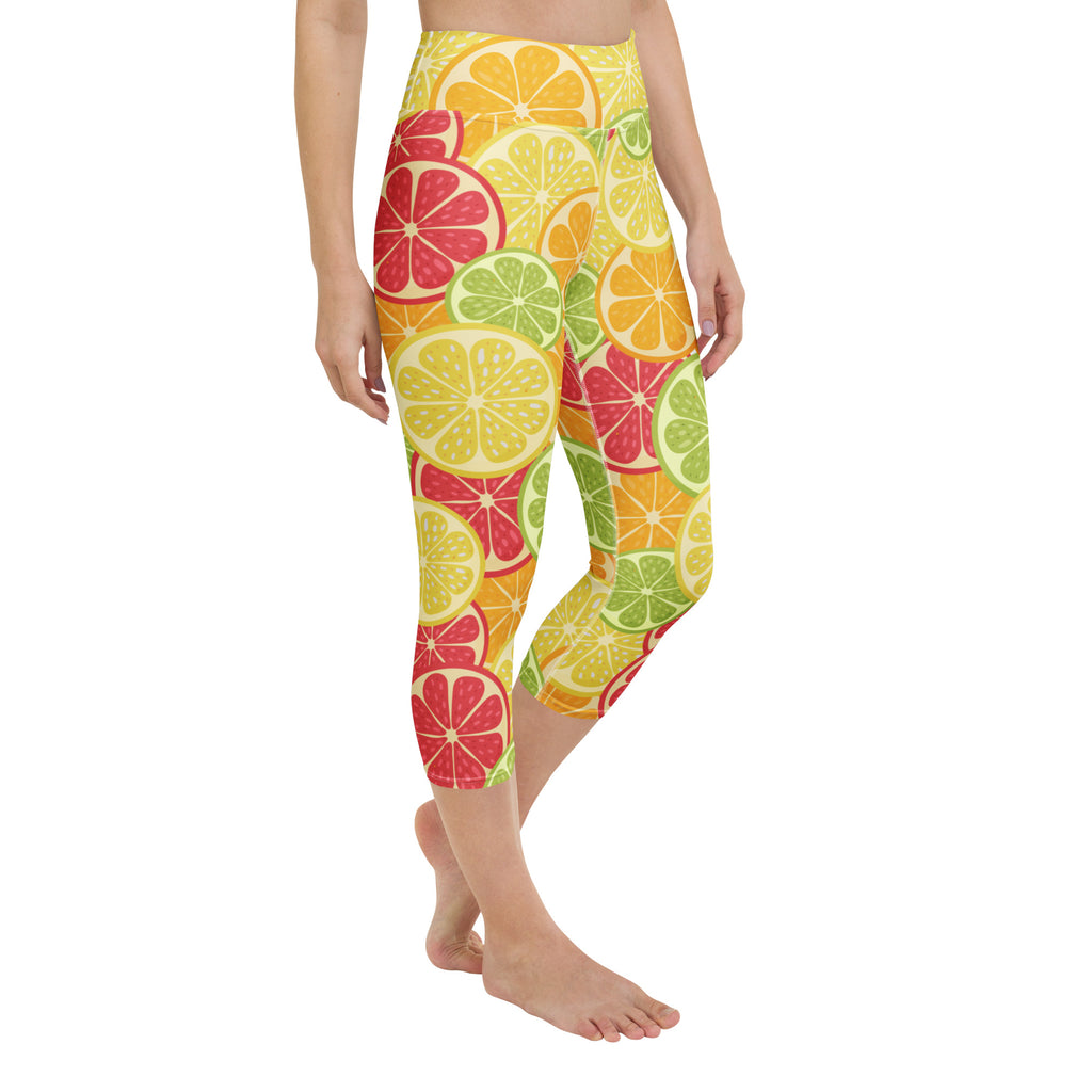 Women’s brightly colored citrus fruit slice capri leggings high-rise buttery soft moisture-wicking yoga pants