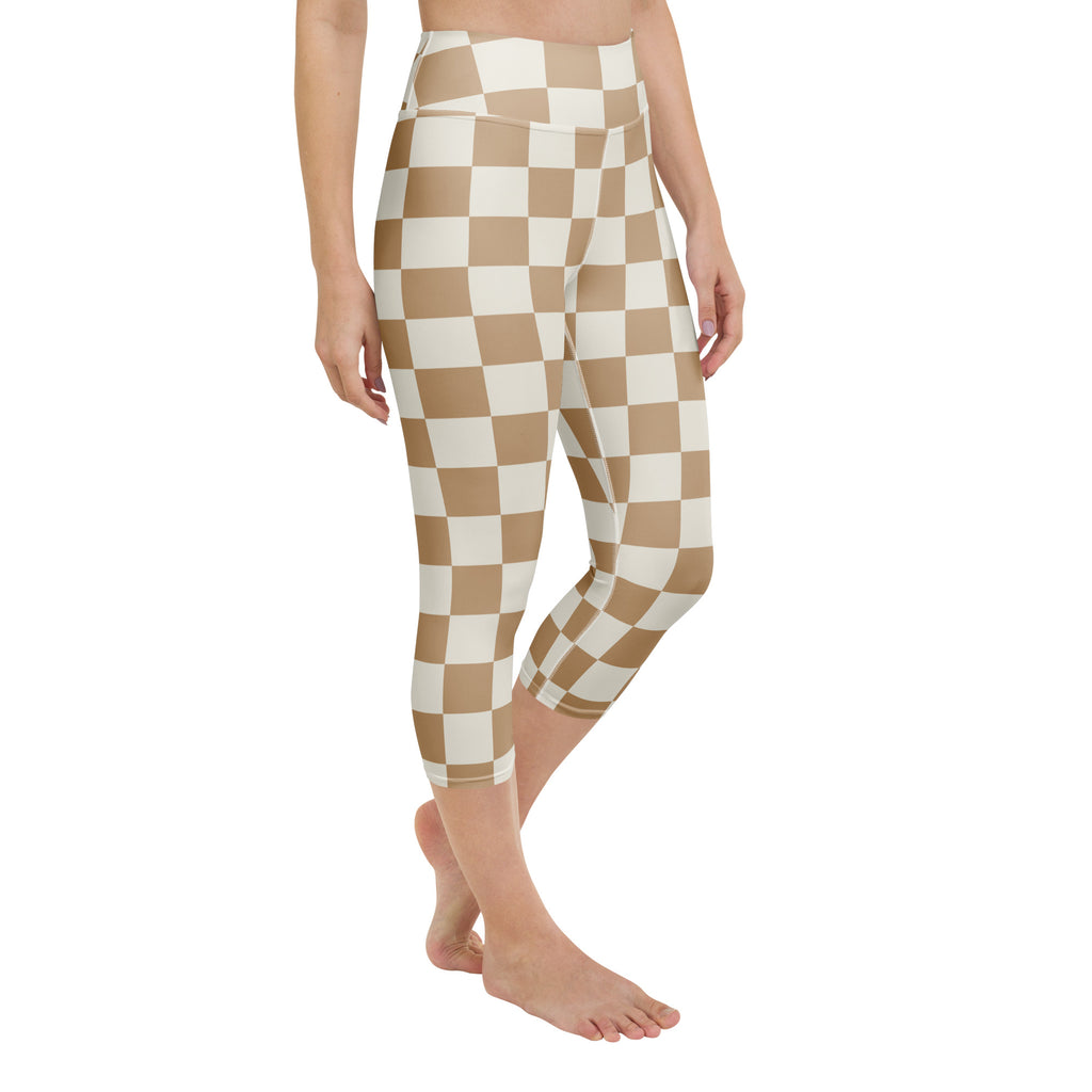 Women’s cream and beige checkered high-rise buttery soft yoga capri leggings with moisture-wicking stretch fabric