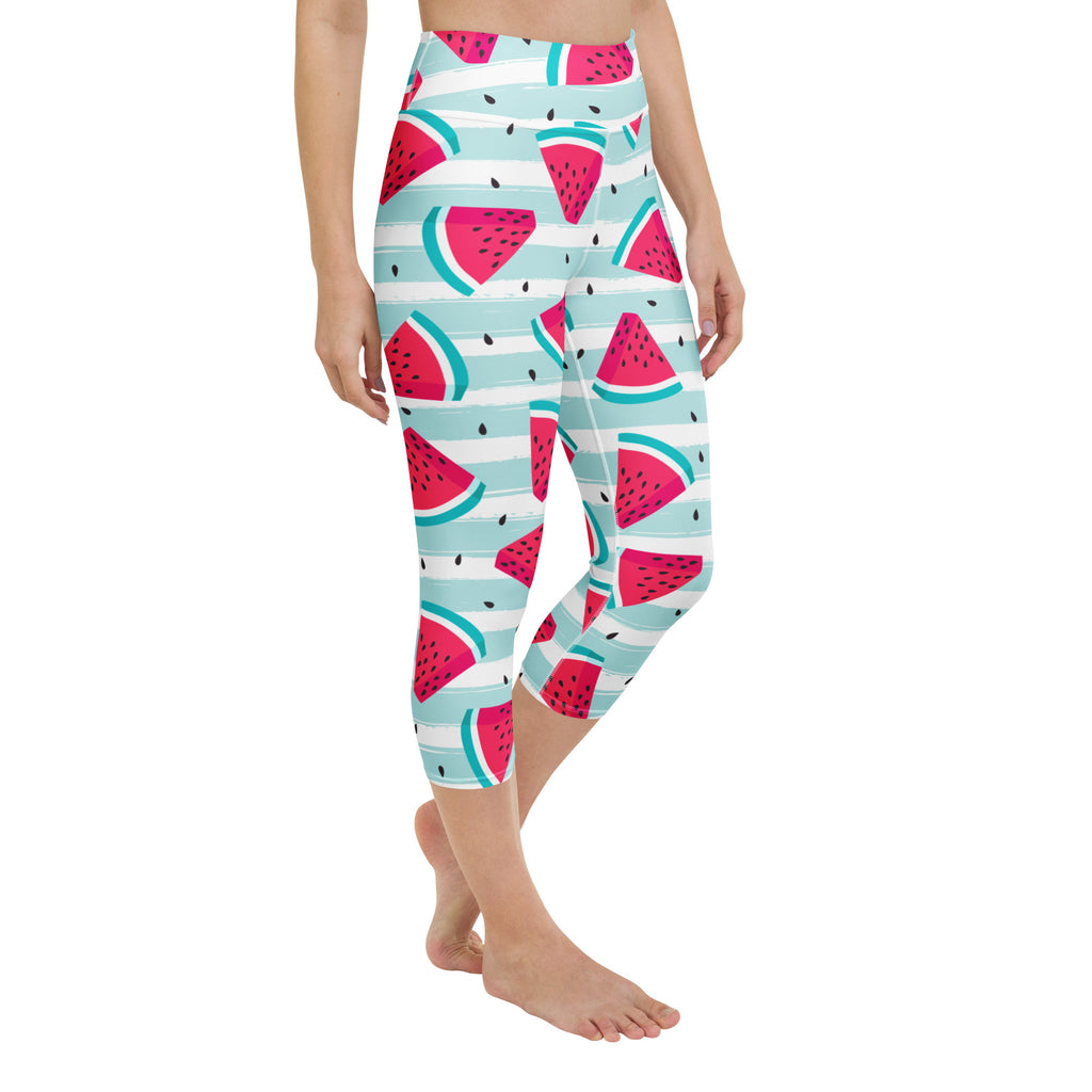 Women’s watermelon stripe buttery soft high-rise yoga capri leggings with vibrant pink and teal stripes