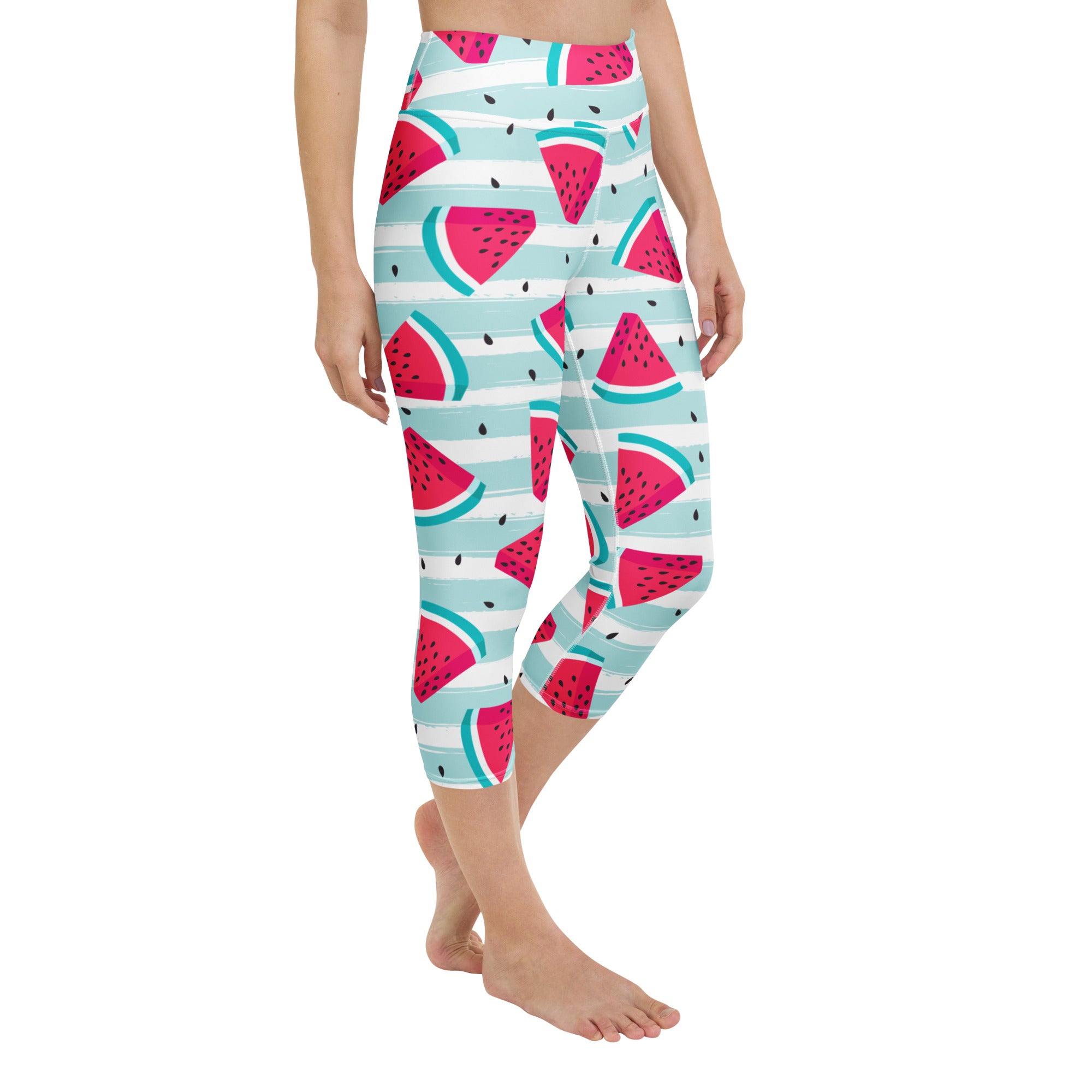 Women’s watermelon stripe buttery soft high-rise yoga capri leggings with vibrant pink and teal stripes