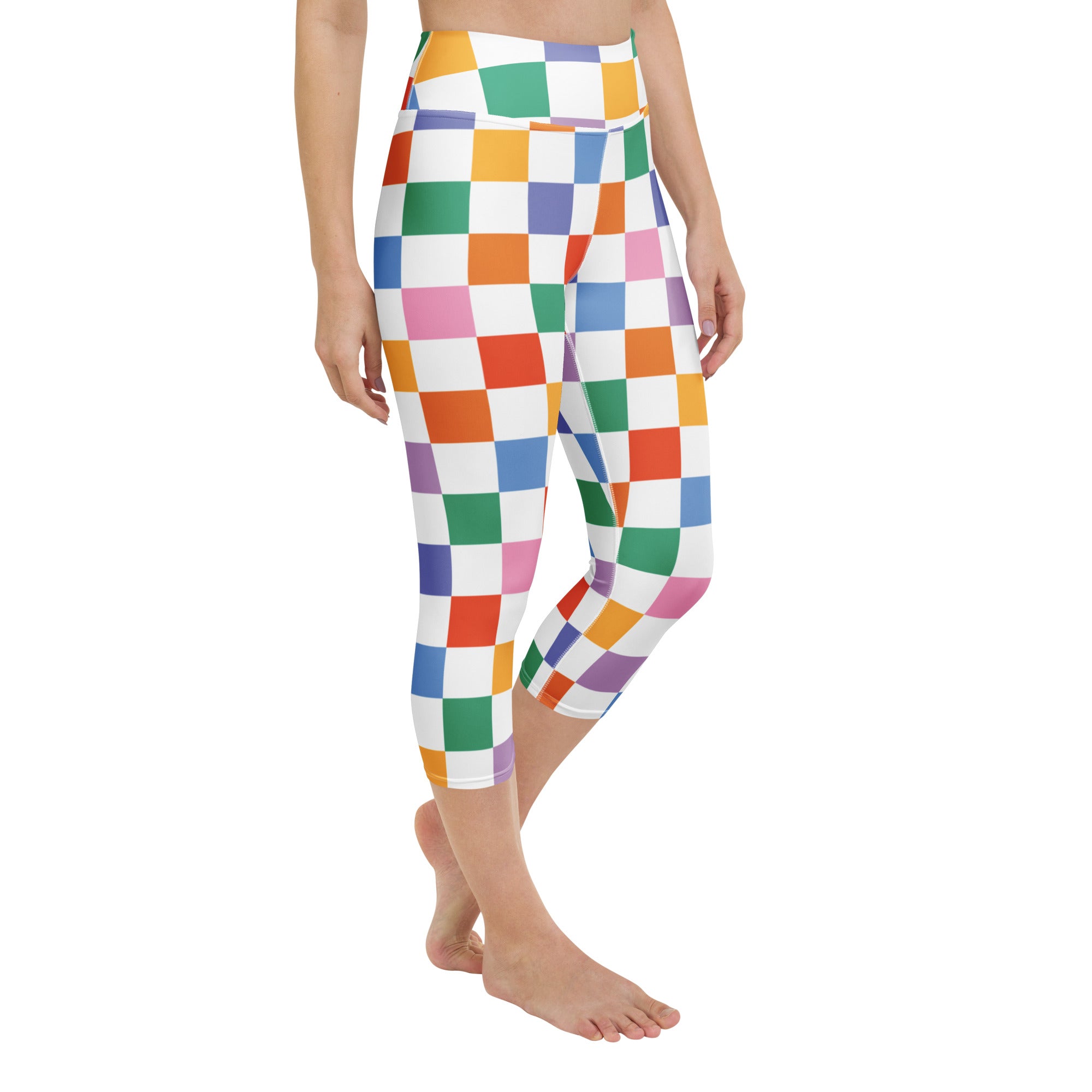 Women’s colorful checkered buttery soft high-rise yoga capri leggings with moisture-wicking stretch fabric