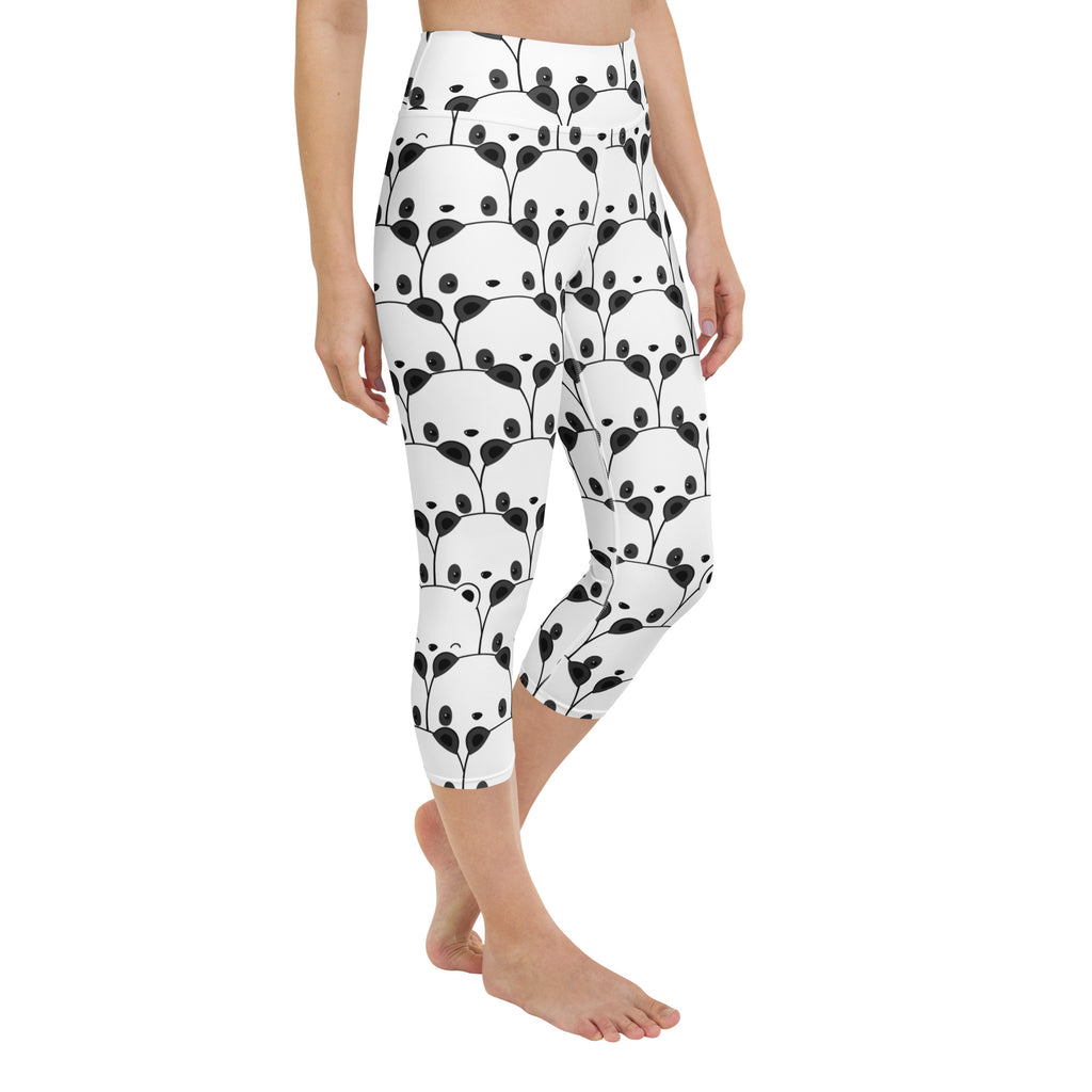 White capri leggings with playful black panda face and leaf vine pattern buttery soft high-rise moisture-wicking yoga pants