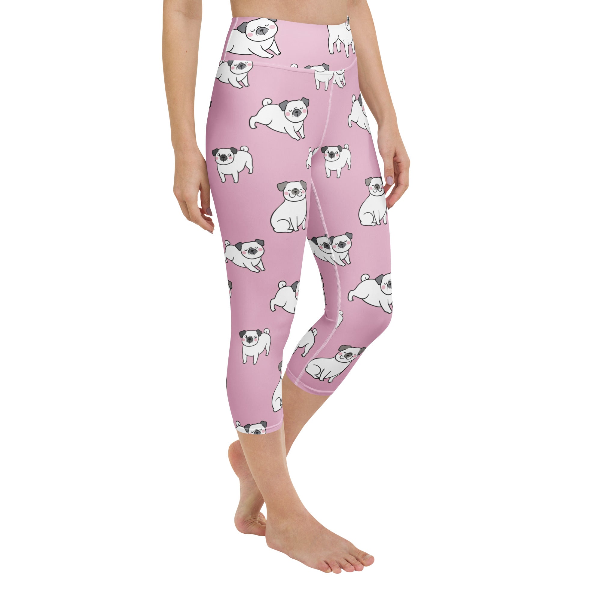 Women’s pink pug buttery soft high-rise capri leggings with white cartoon pugs moisture-wicking stretch activewear