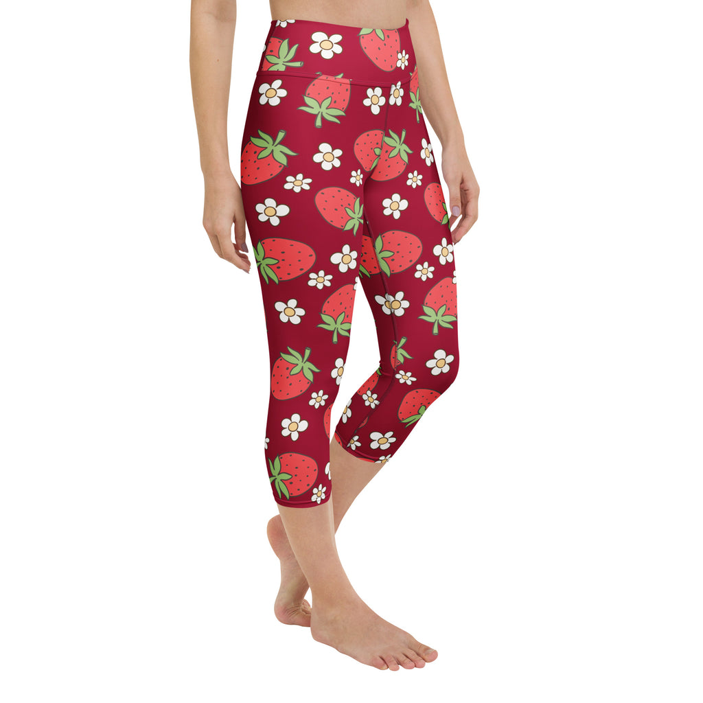 Red capri leggings with a playful strawberry and daisy pattern buttery soft high-rise moisture-wicking activewear pants