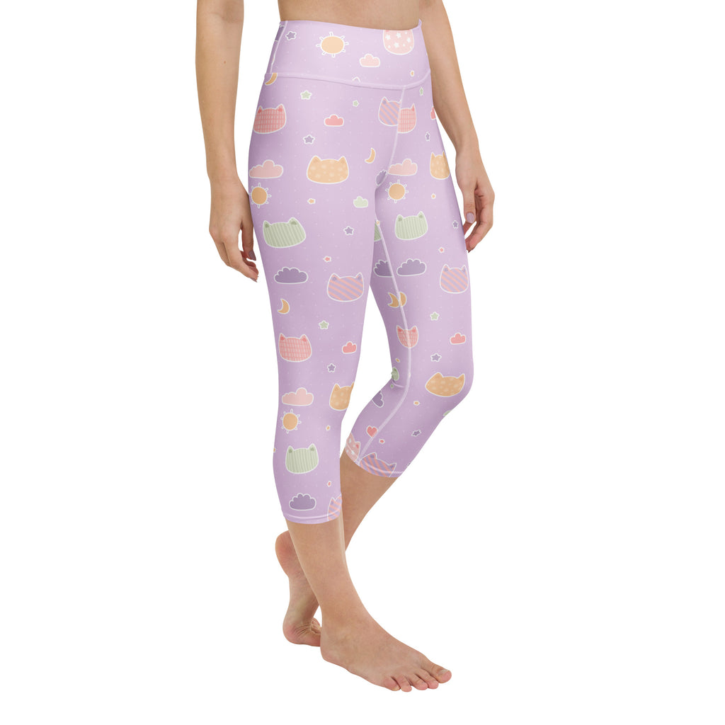 Women’s pastel lavender yoga capri leggings with high rise soft stretch featuring kawaii cats clouds and moons pattern