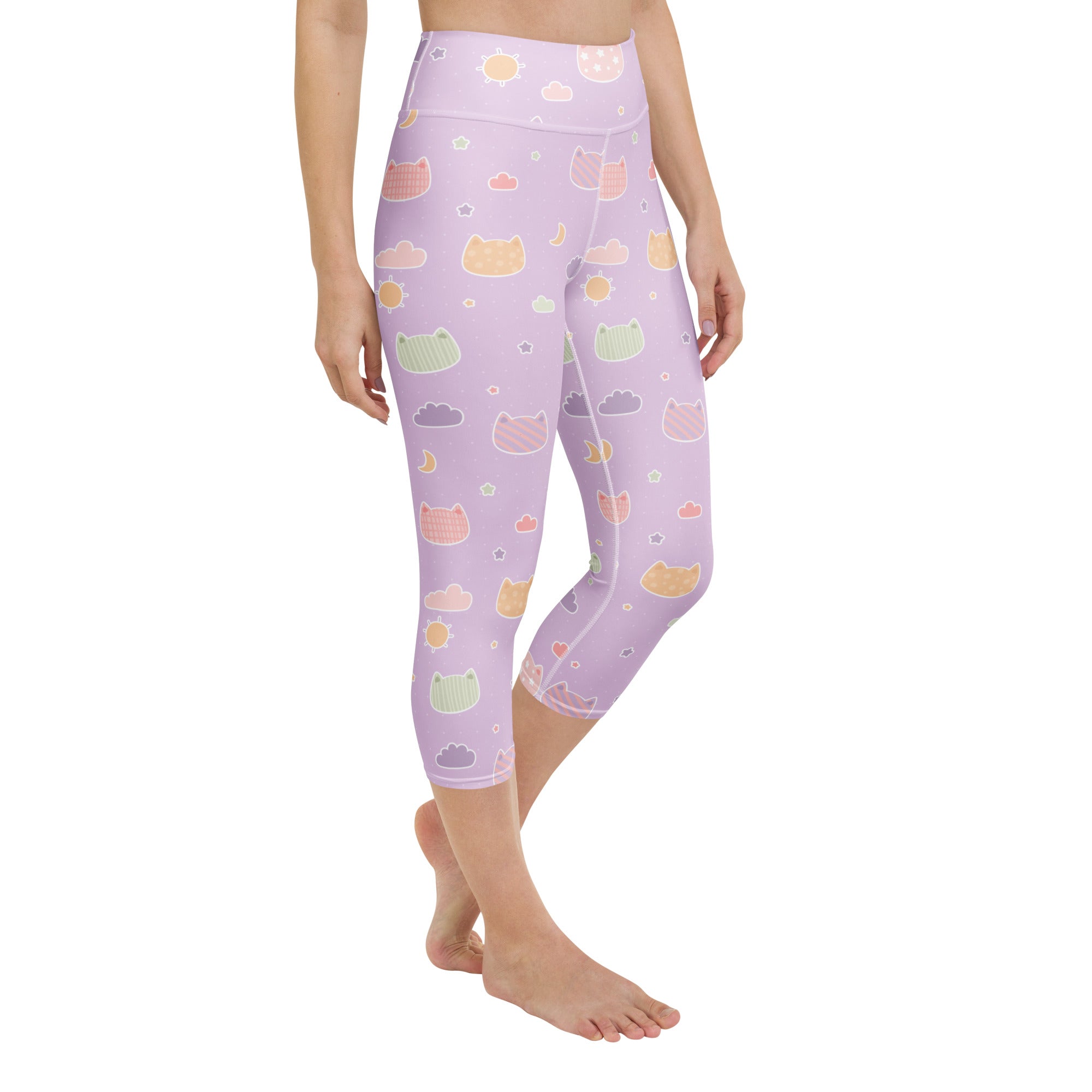 Women’s pastel lavender yoga capri leggings with high rise soft stretch featuring kawaii cats clouds and moons pattern