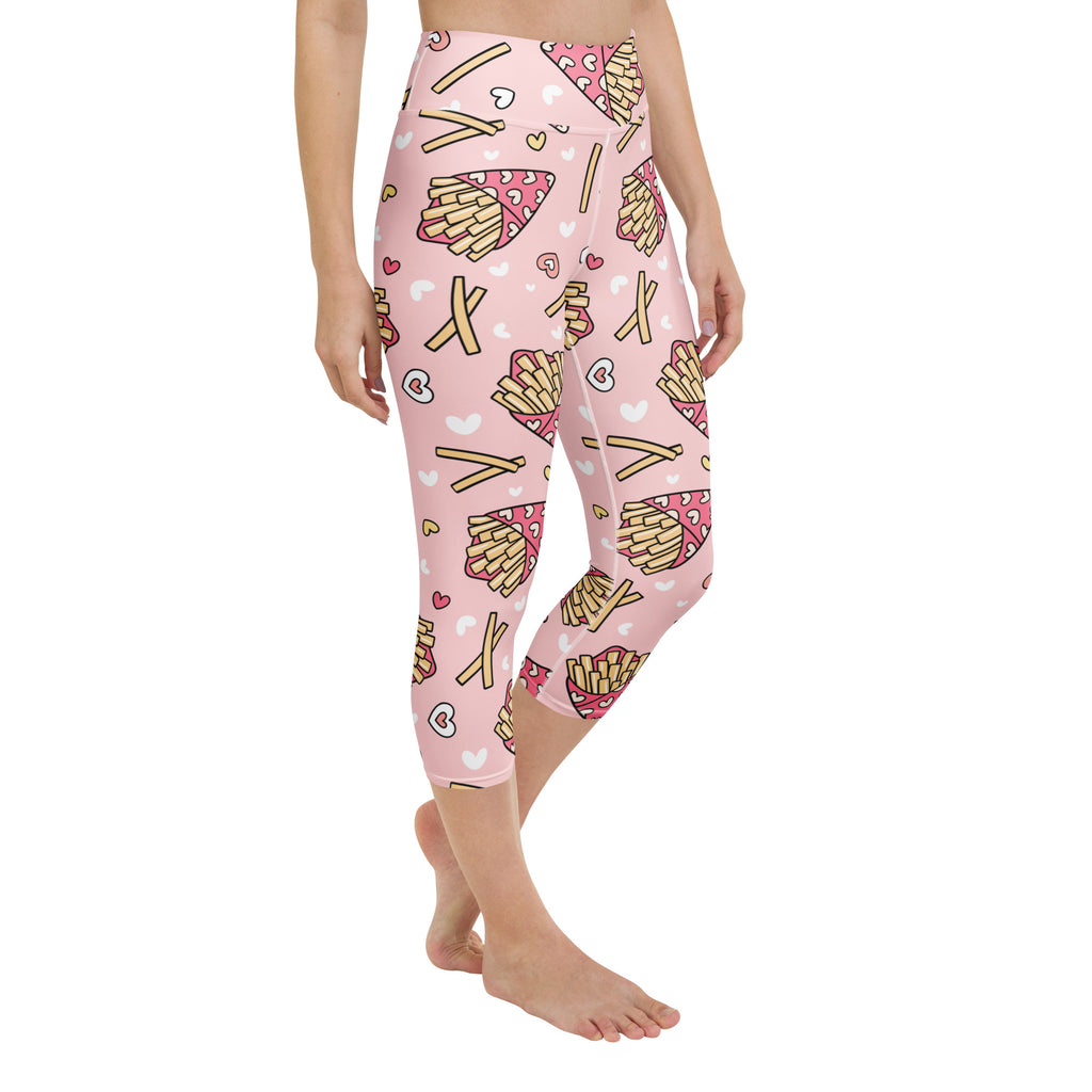 Women’s pink high-rise buttery soft yoga capri leggings with cartoon french fries hearts and chopsticks pattern