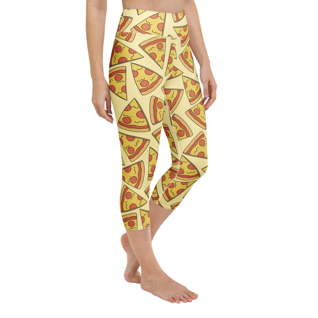 Yellow high-rise buttery soft capri leggings with playful cartoon pizza slice pattern for yoga and activewear