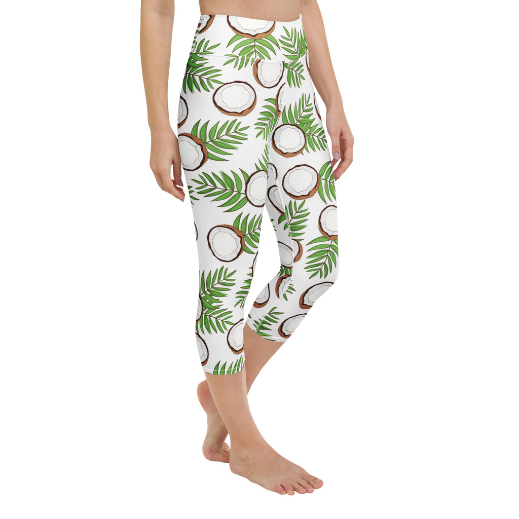 White capri leggings with vibrant coconut and green palm leaf pattern high-rise buttery soft moisture-wicking yoga pants