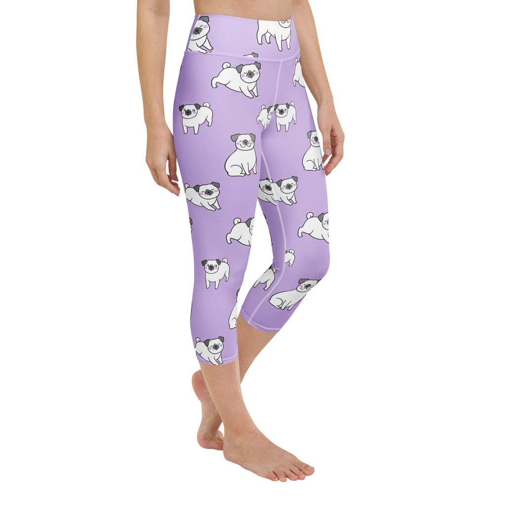 Women’s purple pug buttery soft high-rise yoga capri leggings with white pug dog pattern and moisture-wicking stretch