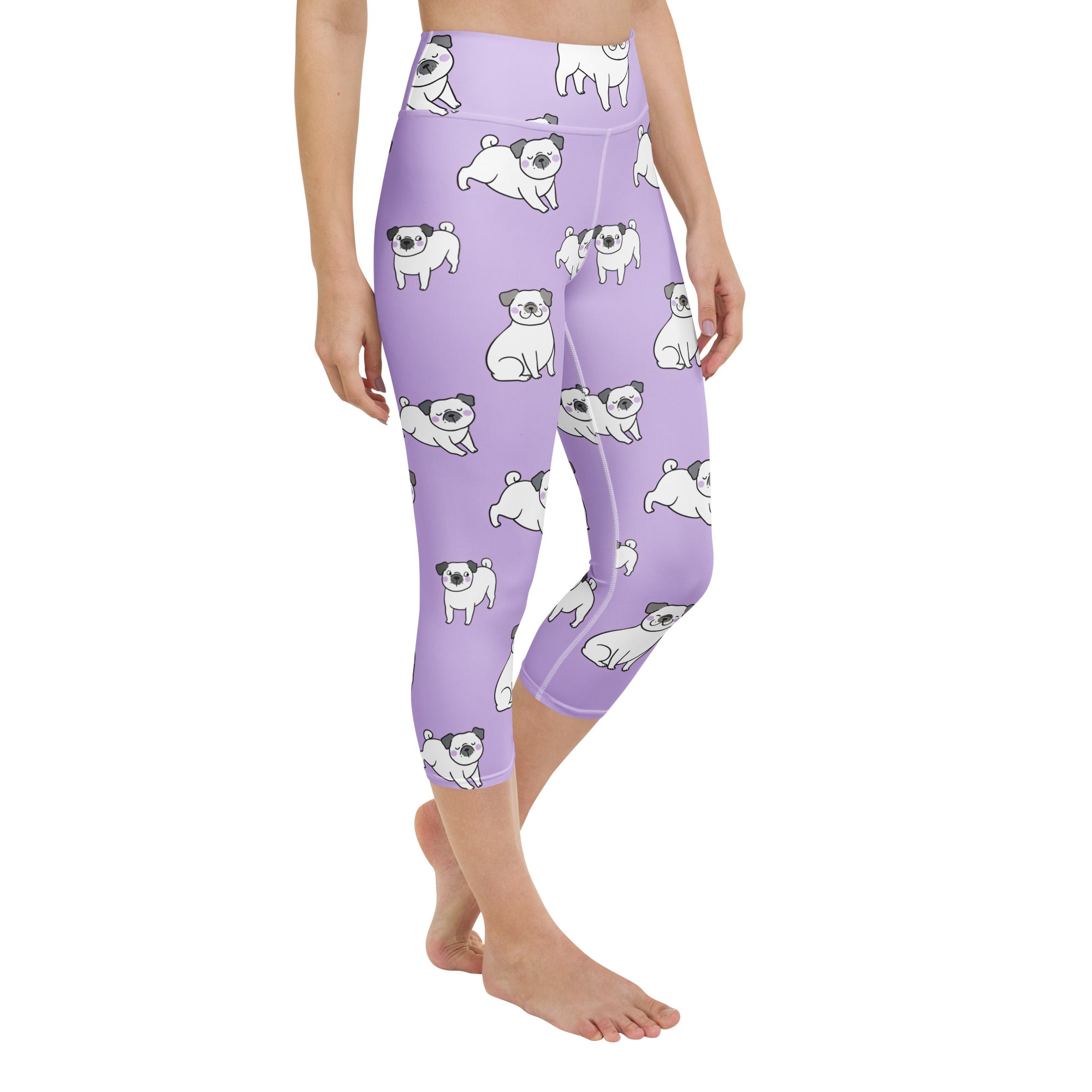 Women’s purple pug buttery soft high-rise yoga capri leggings with white pug dog pattern and moisture-wicking stretch
