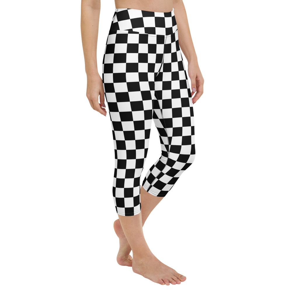 Women’s black and white checkered high-rise buttery soft yoga capri leggings with moisture-wicking stretch fabric
