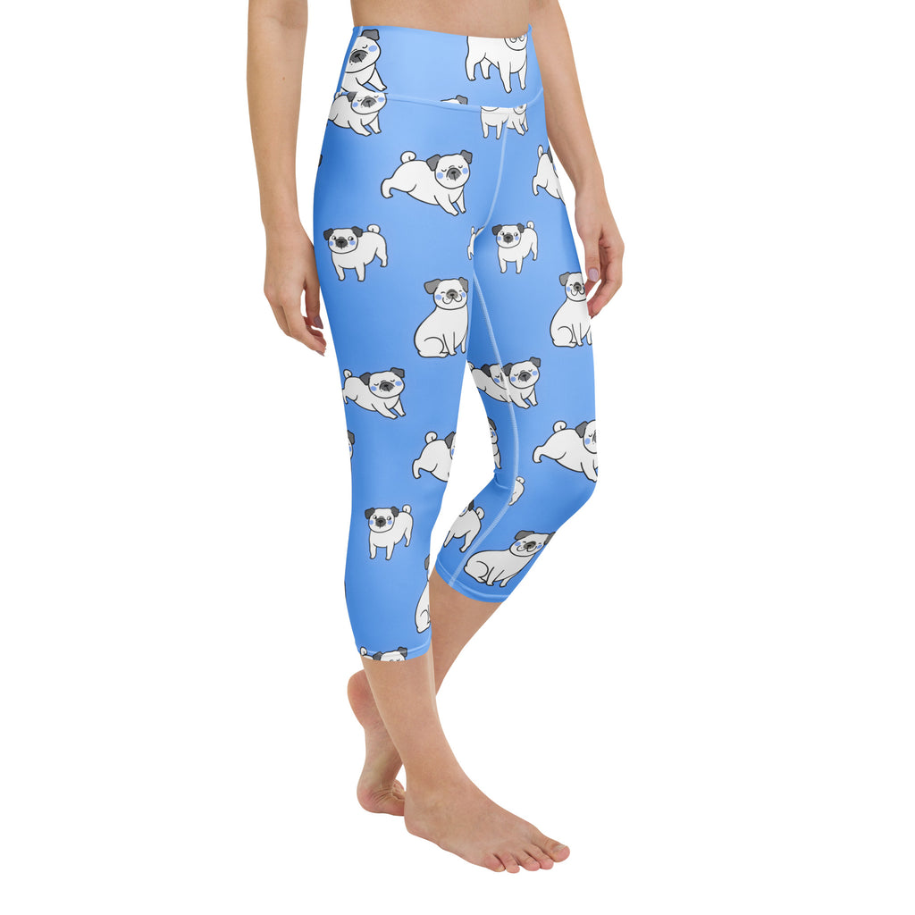Women’s blue pug buttery soft high-rise yoga capri leggings with moisture-wicking soft stretch fabric and playful pug pattern