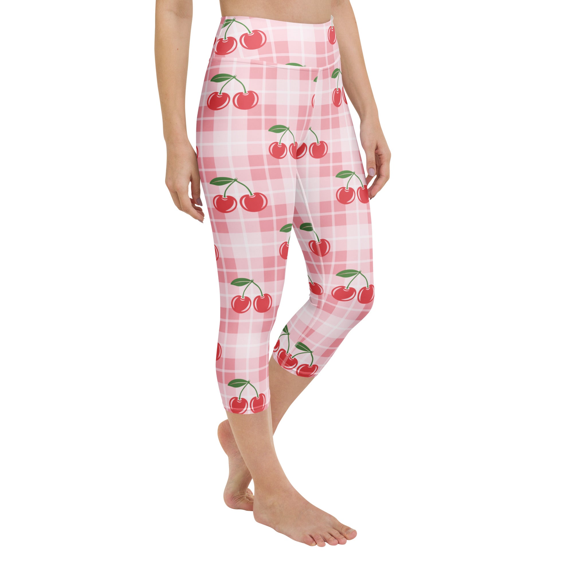 Women’s cherry gingham buttery soft yoga capri leggings in pink and white plaid with red cherries and green stems
