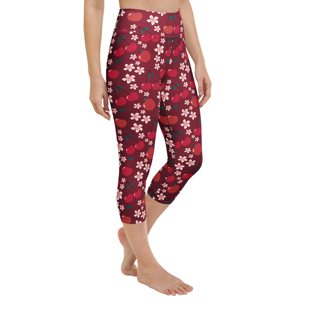Women’s maroon high waist cherry blossom capri leggings with red cherries soft stretch moisture wicking fabric