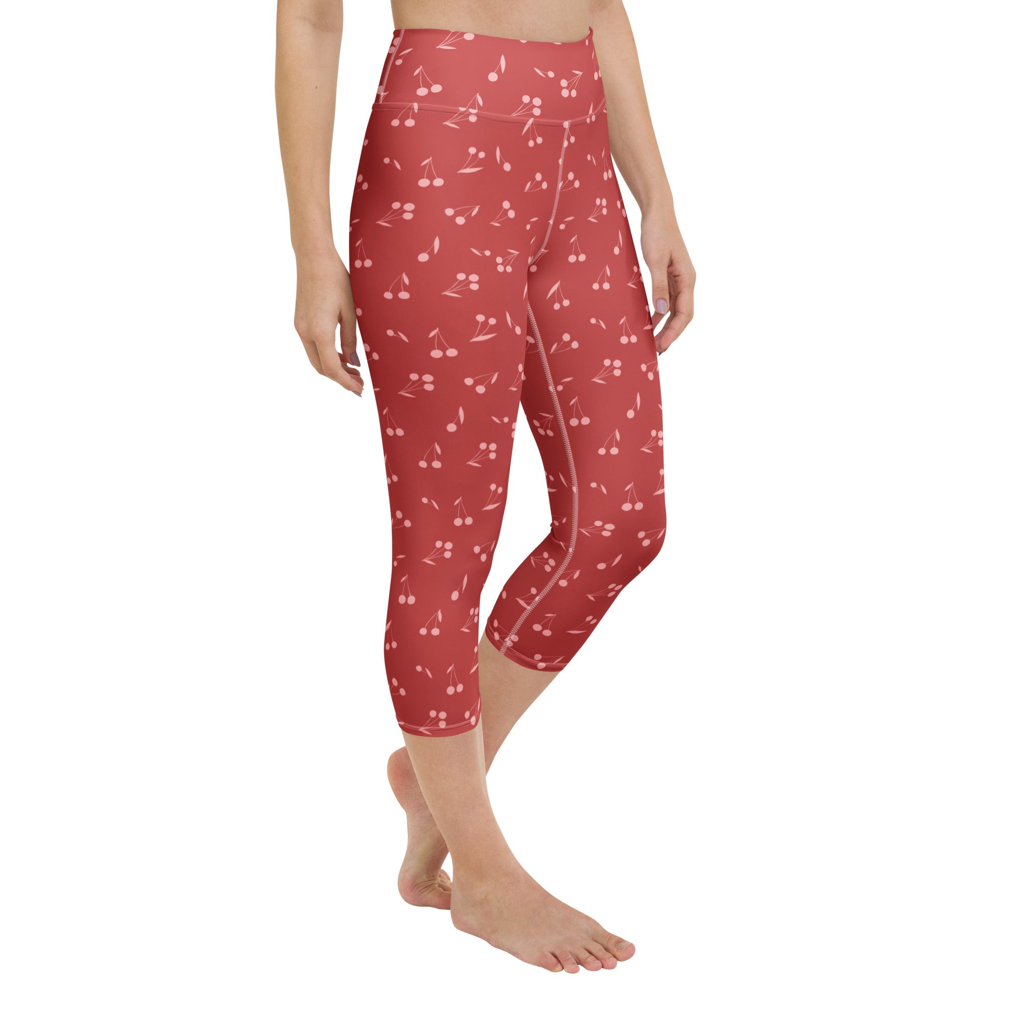 Women’s minimal red cherry buttery soft yoga capri leggings with high waistband and white stitching details