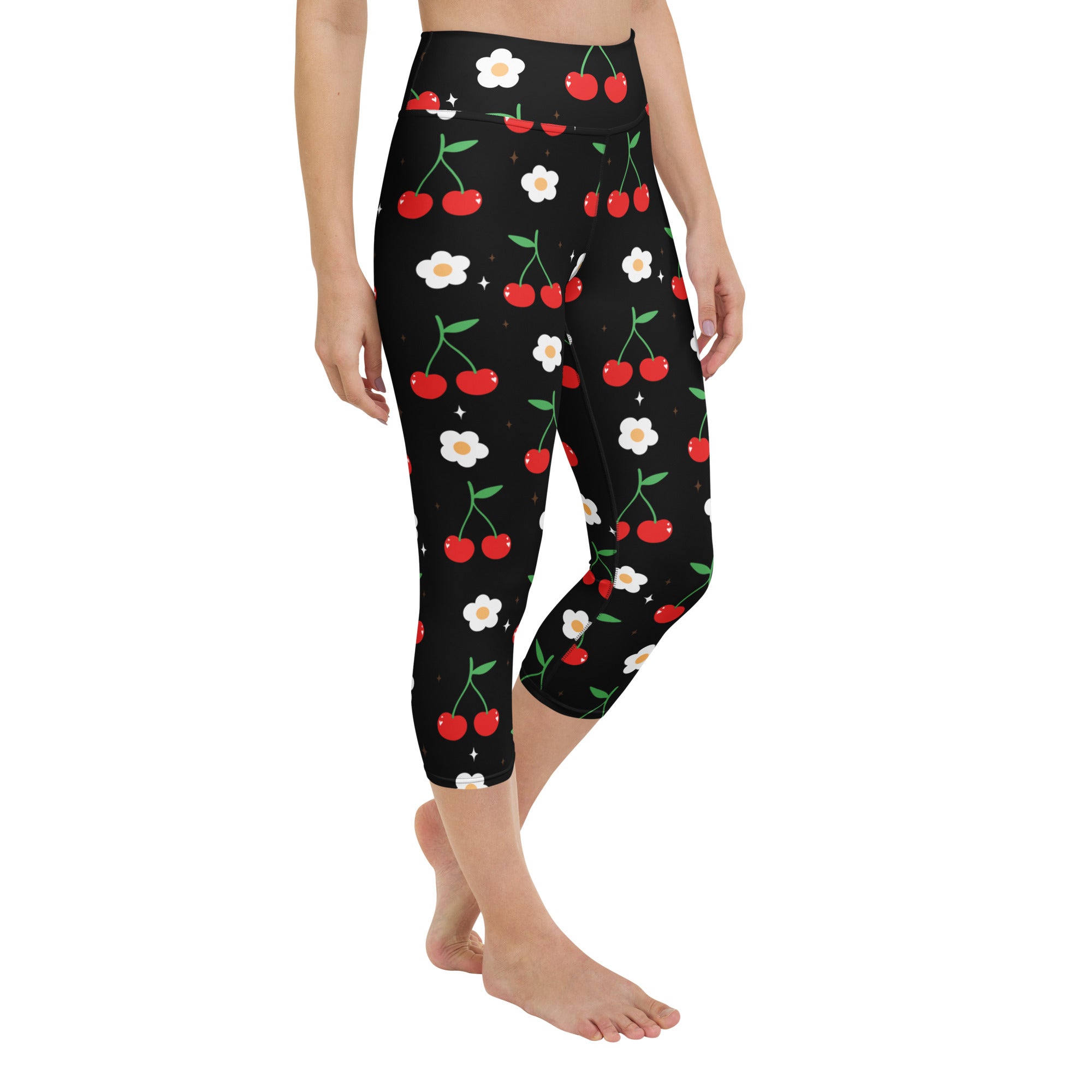 Women’s black cherry blossom buttery soft high-rise capri leggings with red cherry and white flower pattern