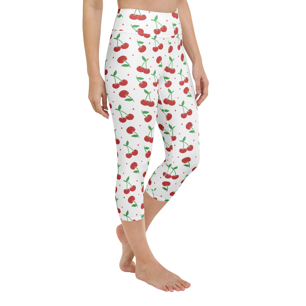 Women’s white cherry print buttery soft high-rise capri leggings with red cherries green stems and moisture-wicking fabric