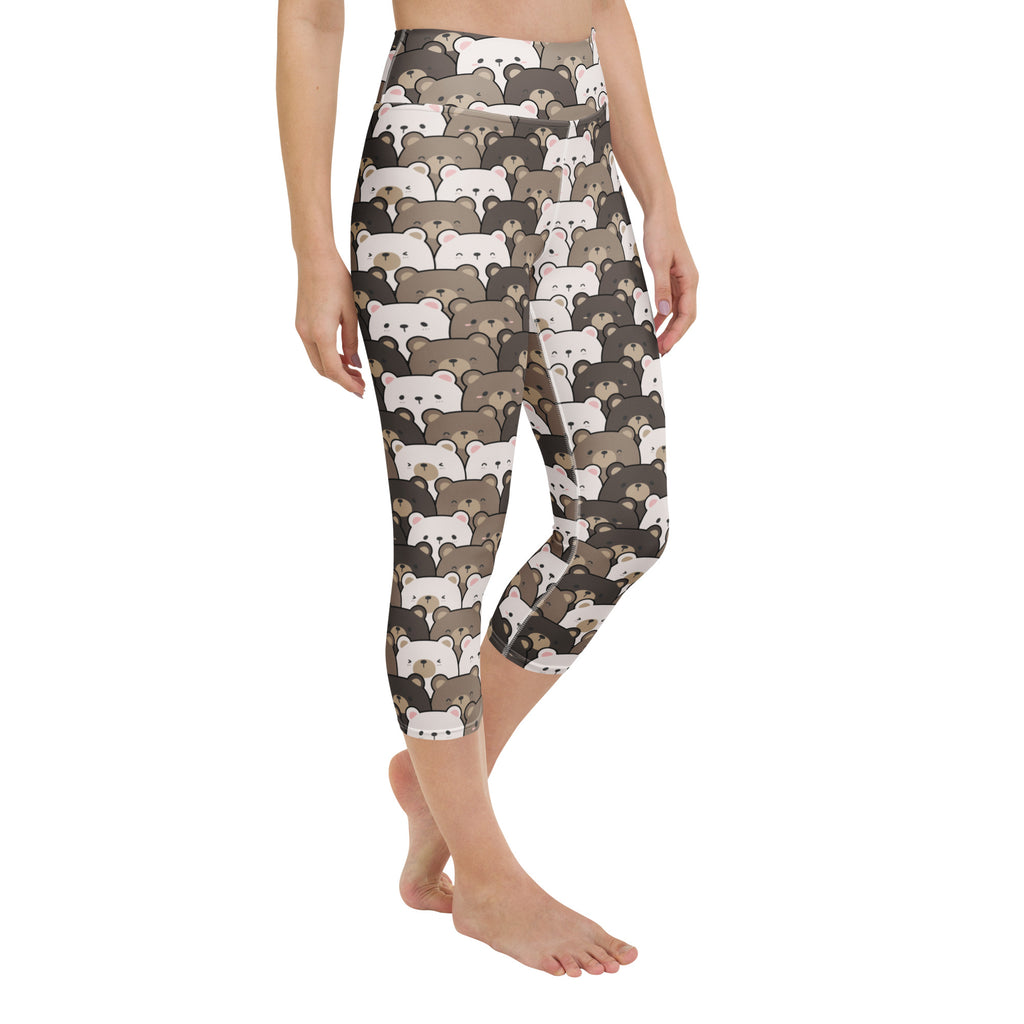 Women’s high-rise buttery soft yoga capri leggings with moisture-wicking fabric featuring white gray and brown bear faces