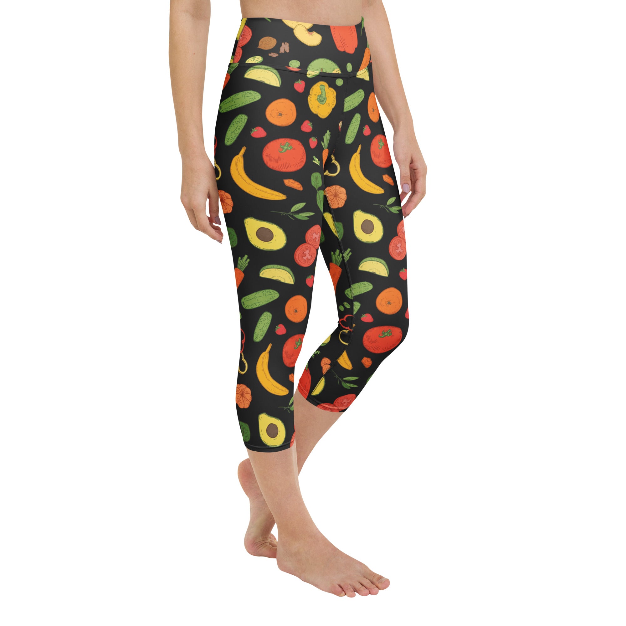 Black capri leggings with vibrant cartoon fruit and vegetable print high-rise buttery soft moisture-wicking yoga pants