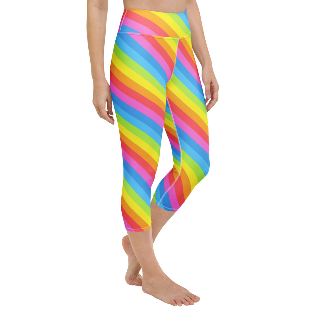 Women's Rainbow Stripe Buttery Soft Yoga Capri Leggings – High-Rise, Moisture-Wicking, Soft Stretch Activewear Pants