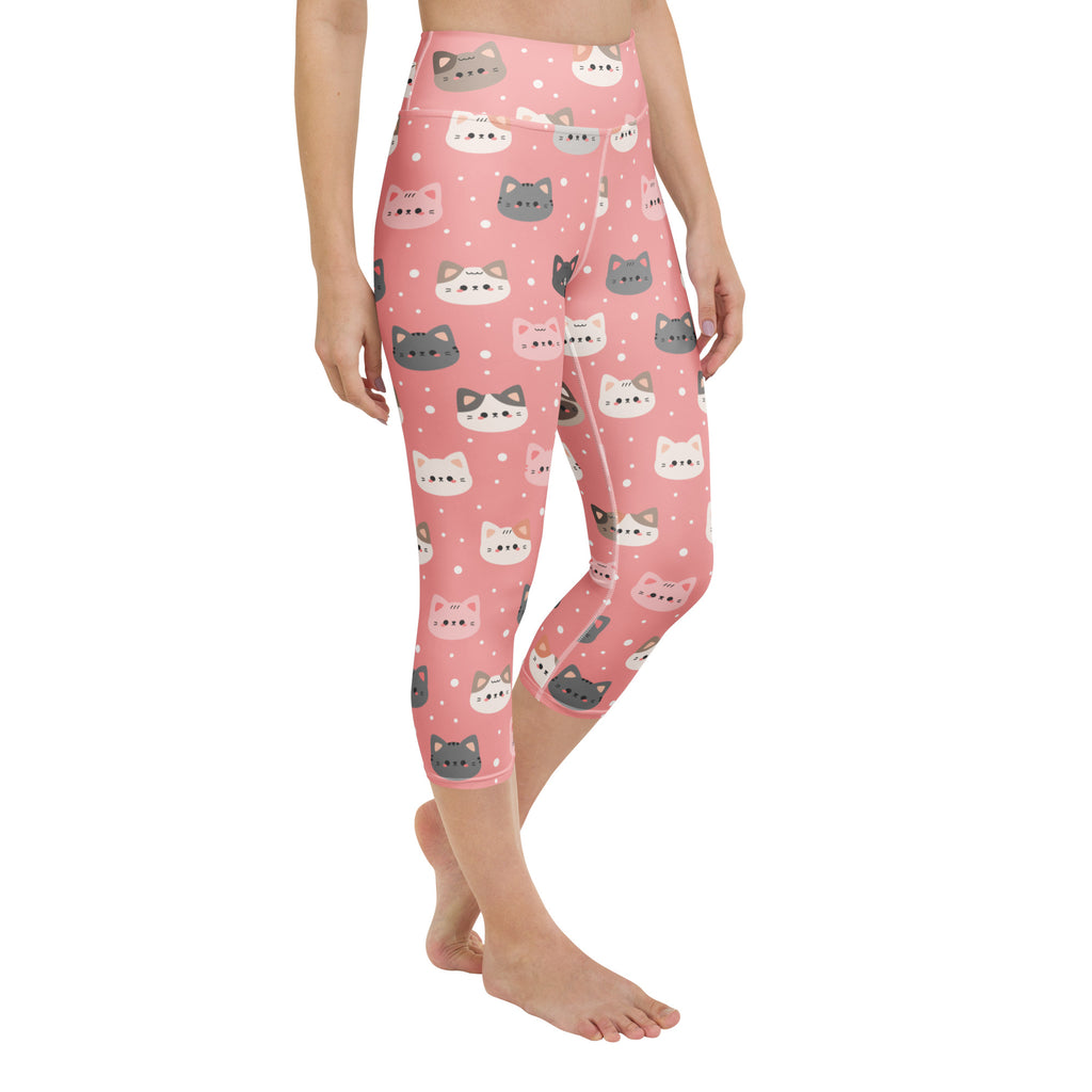 Women’s cute pink cat faces buttery soft high-rise capri leggings with gray white and pink cartoon faces
