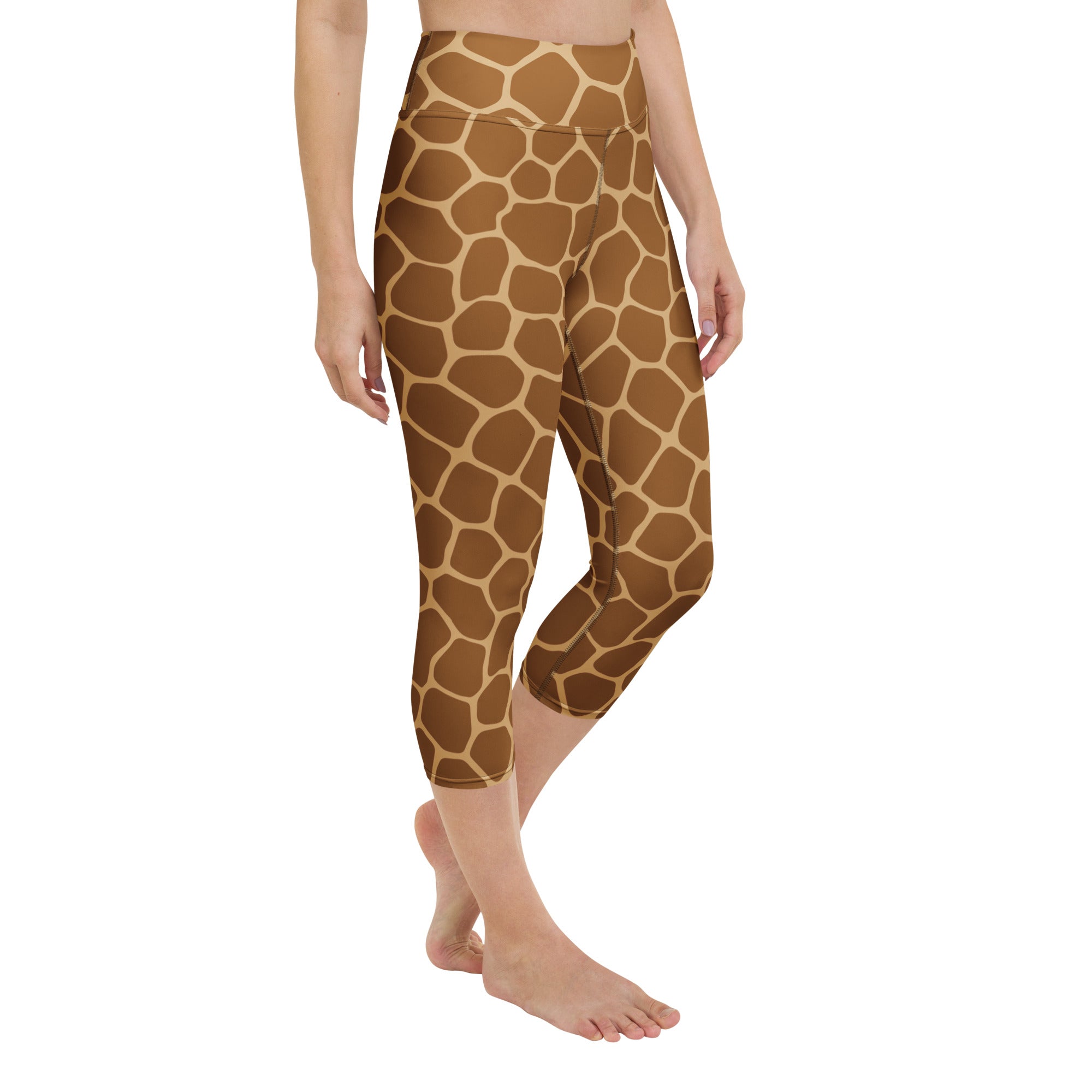 Women’s brown and cream giraffe print buttery soft high-rise yoga capri leggings with moisture-wicking stretch fabric