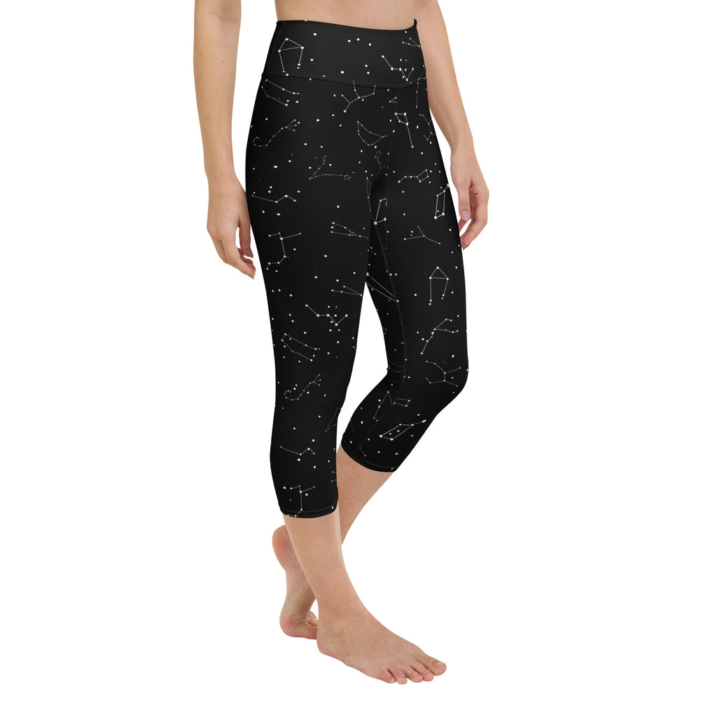 Women’s black capri leggings with white constellation pattern buttery soft high-rise moisture-wicking yoga pants