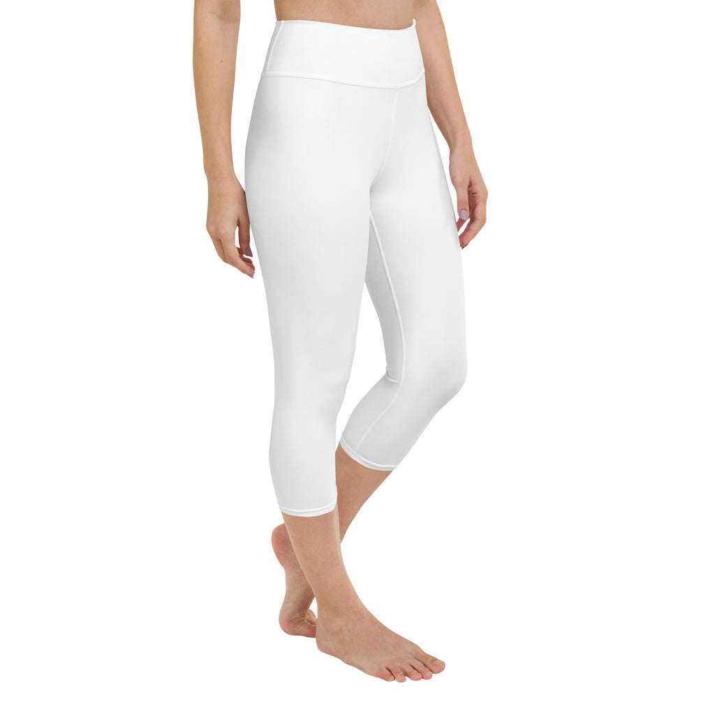 Women’s white high-waisted buttery soft yoga capri leggings with moisture-wicking stretch fabric