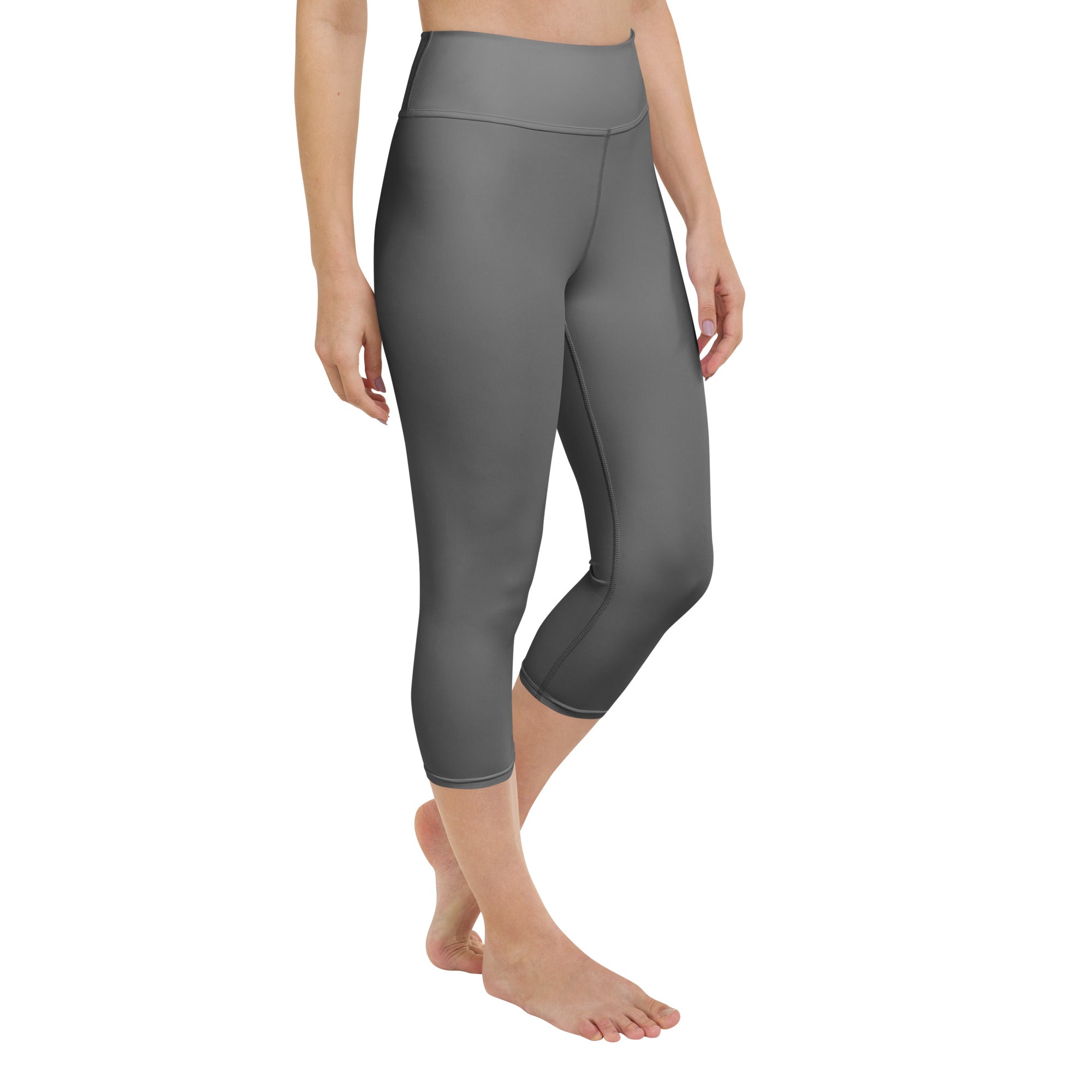 Women’s gray high-rise buttery soft yoga capri leggings made of smooth stretchy moisture-wicking fabric
