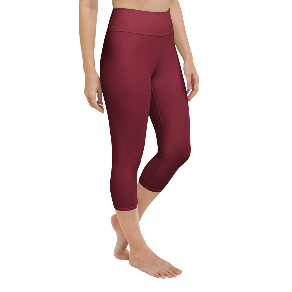 Women’s burgundy high rise buttery soft yoga capri leggings with smooth stretchy moisture wicking fabric