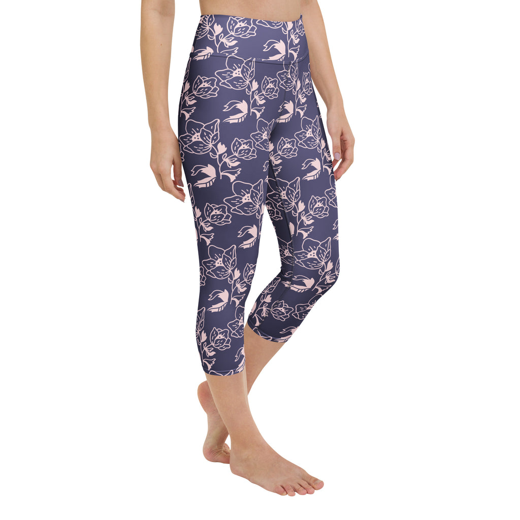 Women’s dark purple floral buttery soft high-rise yoga capri leggings with moisture-wicking stretch fabric