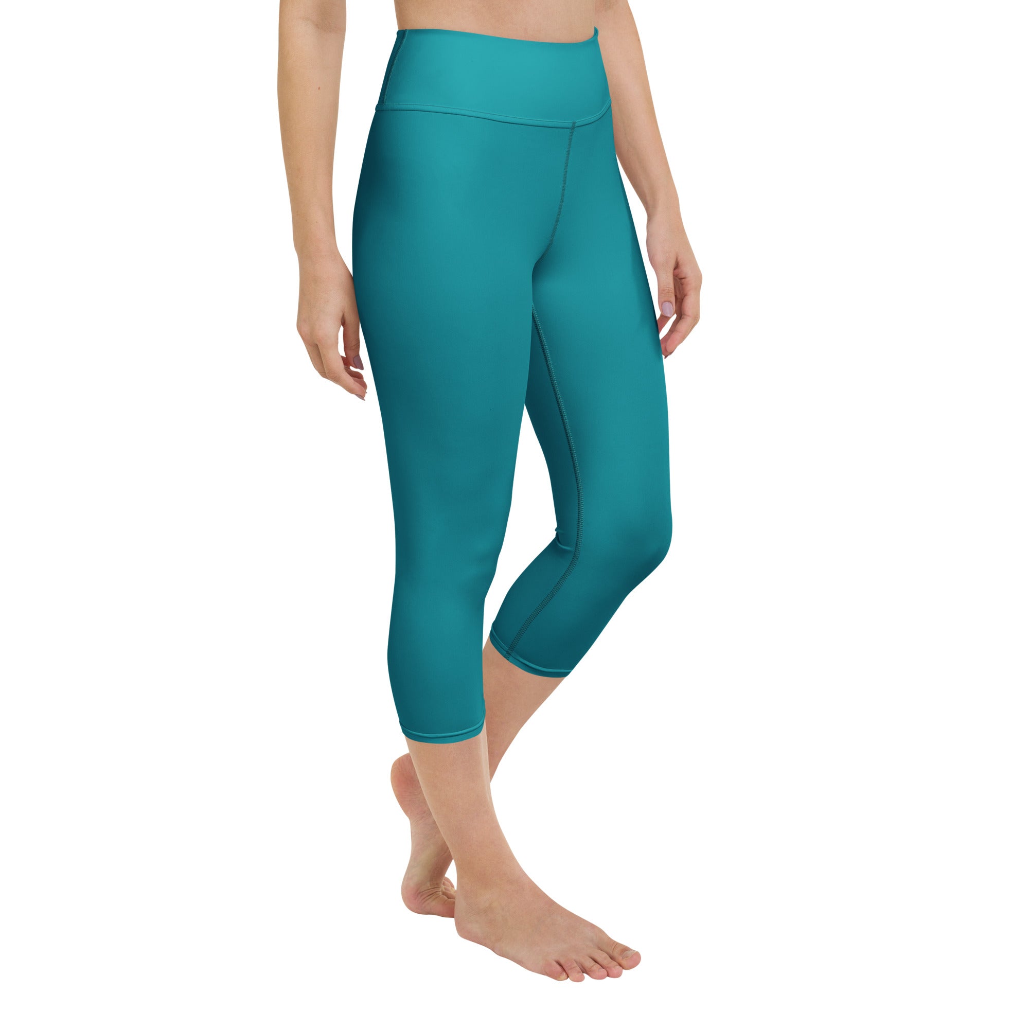 Women’s teal high-rise buttery soft yoga capri leggings with moisture-wicking soft stretch fabric