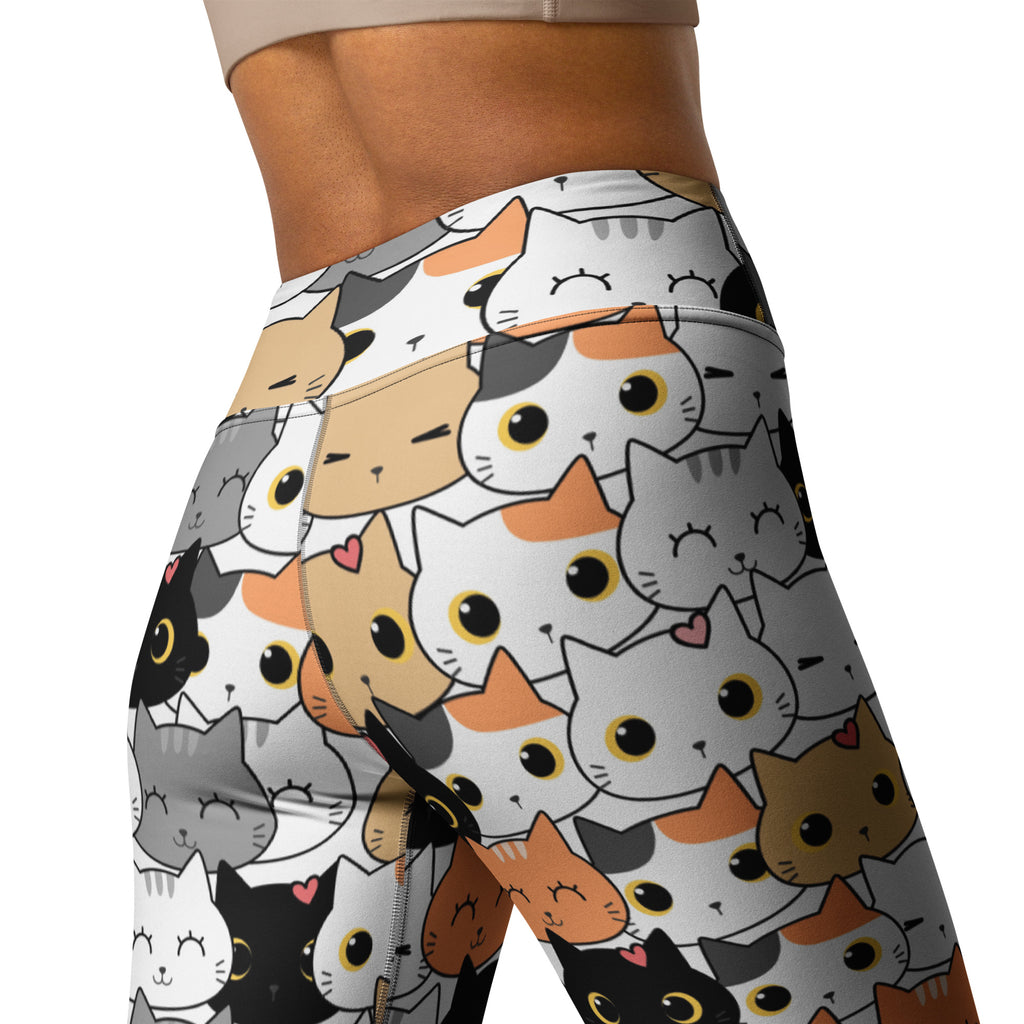 High-waisted women’s cat face buttery soft yoga leggings with colorful cartoon cat pattern and playful expressions