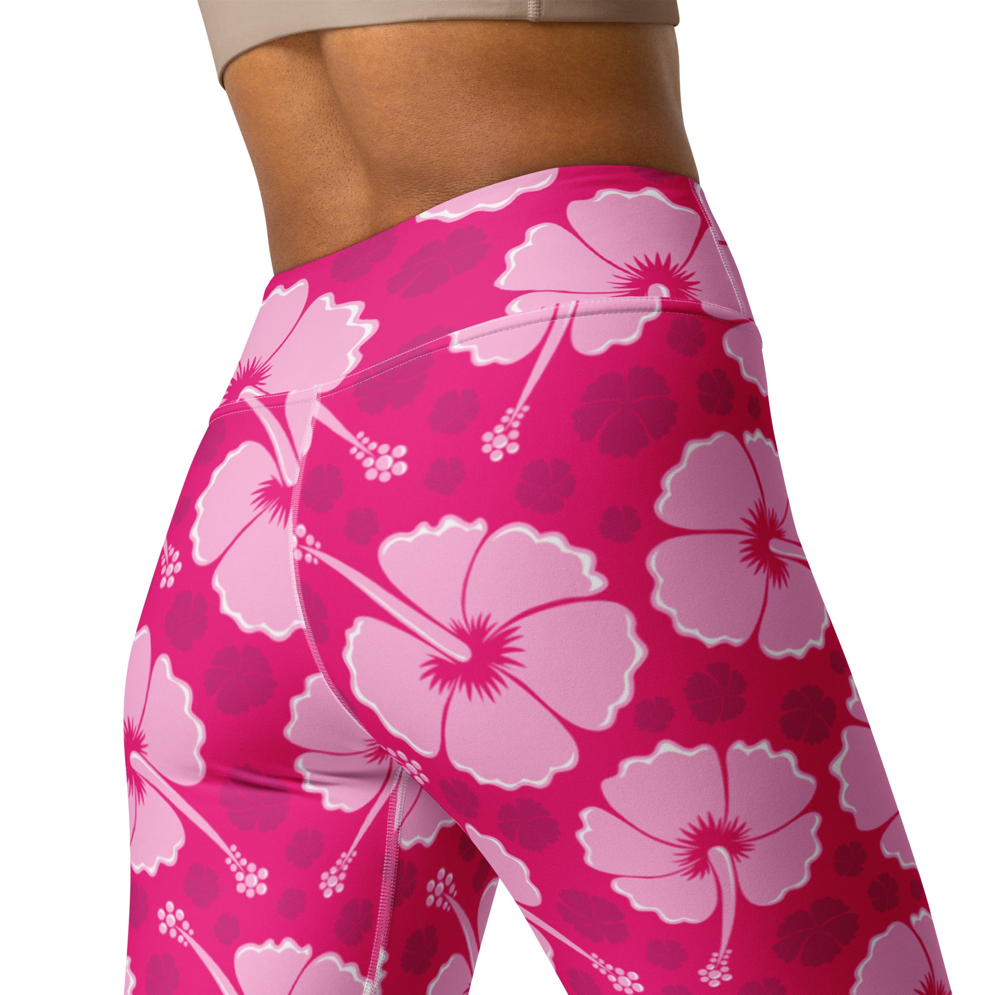 Women’s tropical pink hibiscus floral buttery soft high-waisted leggings with vibrant fuchsia base and lighter pink flowers