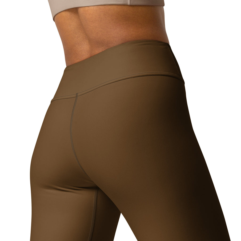 Women’s brown buttery soft yoga leggings high-waisted olive green smooth stretchy fabric with subtle seam detailing