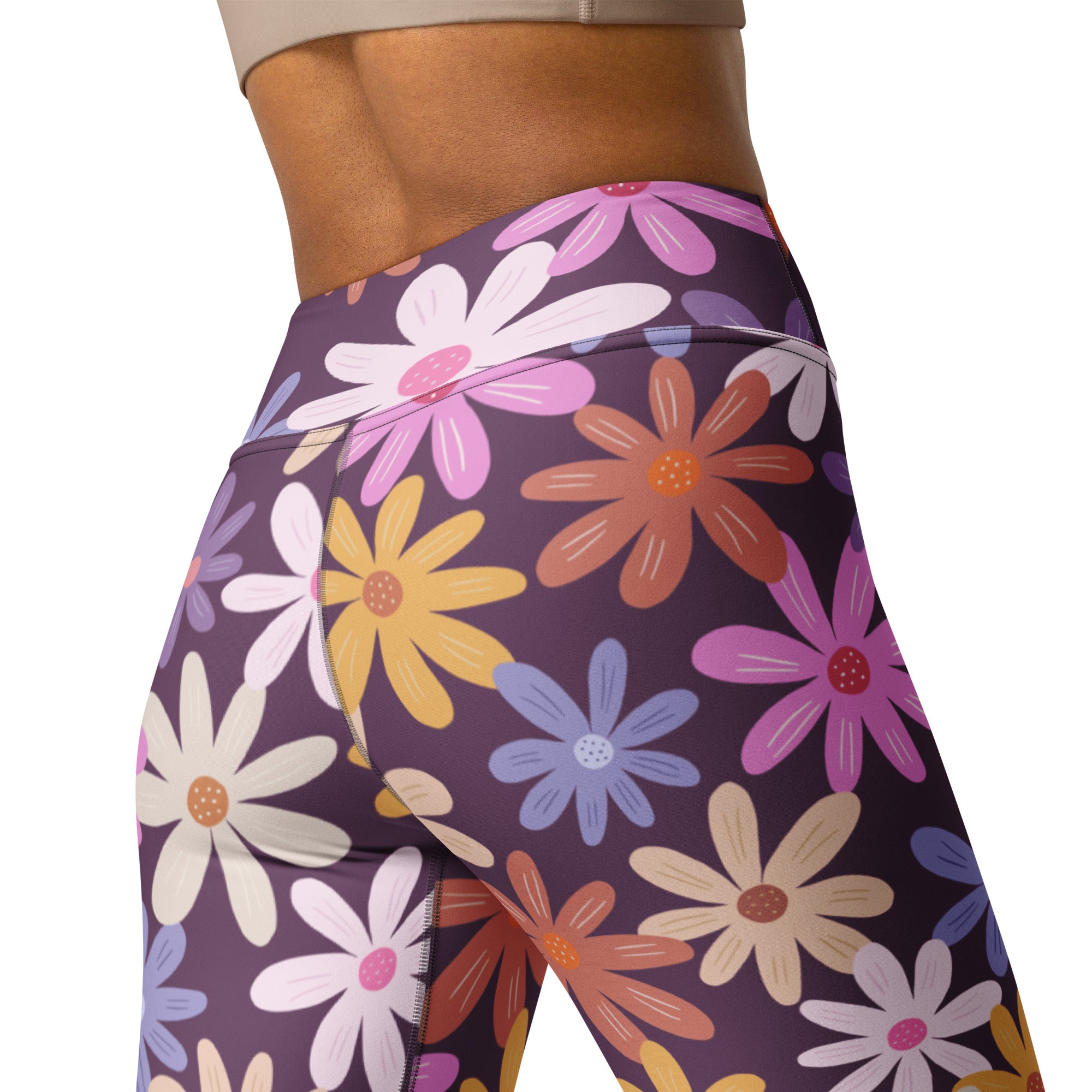 Women’s purple retro flower buttery soft yoga leggings with vibrant colorful daisy floral pattern